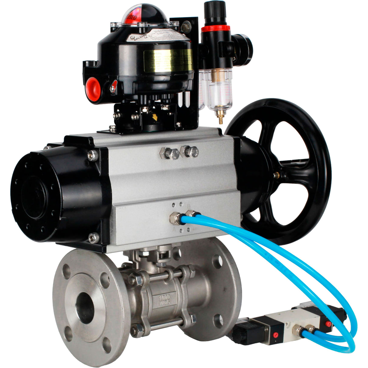 Ball valves Elephant BV3232P(3pc)-FP-F-ISO-H DN65-100 25/40 bar flanged with ISO flange, body - 316 stainless steel, full bore, seal - PTFE, with pneumatic drive PA-DA-105-1, pneumatic distributor 4V320-08 220V, LSU APL-510N Ex, ATU AFC2000