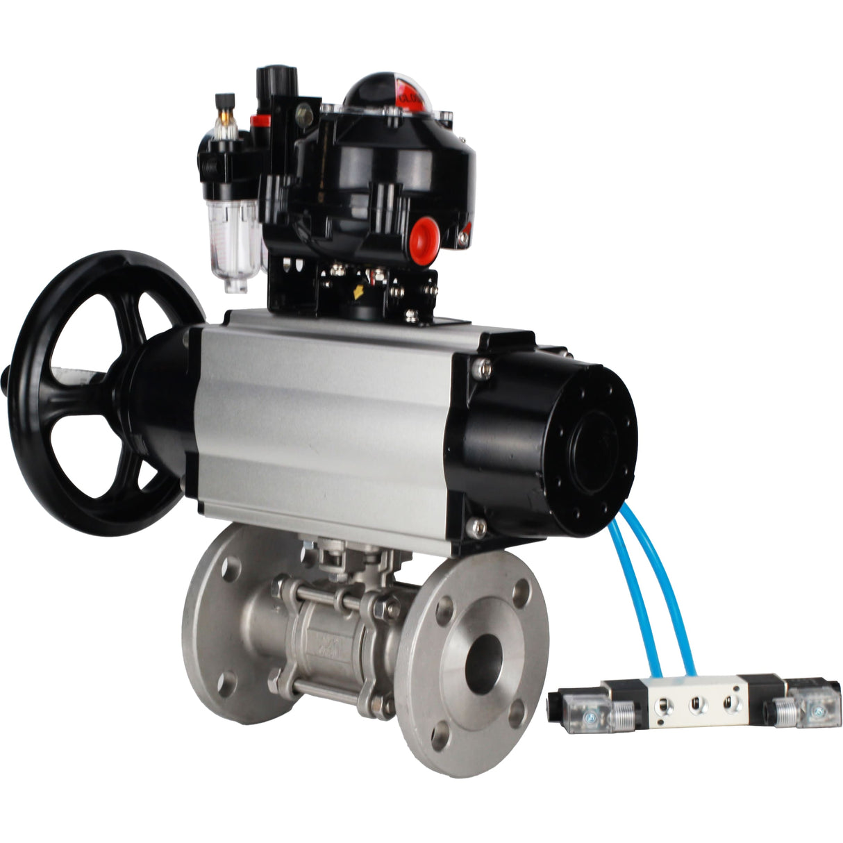Ball valves Elephant BV3232P(3pc)-FP-F-ISO-H DN65-100 25/40 bar flanged with ISO flange, body - 316 stainless steel, full bore, seal - PTFE, with pneumatic drive PA-DA-105-1, pneumatic distributor 4V320-08 220V, LSU APL-510N Ex, ATU AFC2000