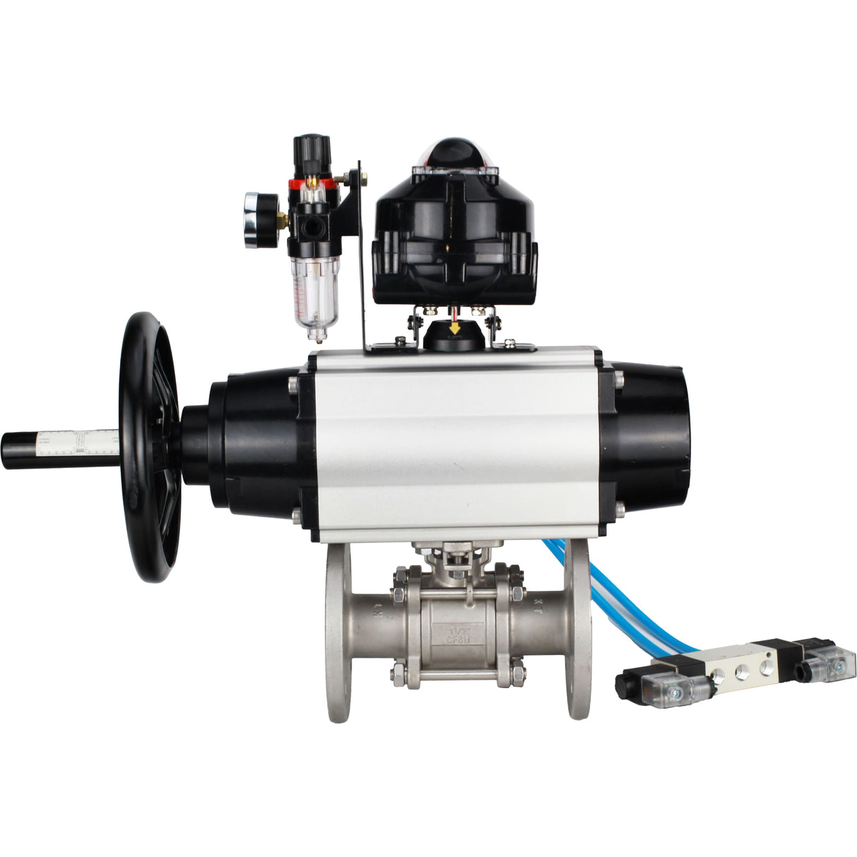 Ball valves Elephant BV3232P(3pc)-FP-F-ISO-H DN65-100 25/40 bar flanged with ISO flange, body - 316 stainless steel, full bore, seal - PTFE, with pneumatic drive PA-DA-105-1, pneumatic distributor 4V320-08 220V, LSU APL-510N Ex, ATU AFC2000