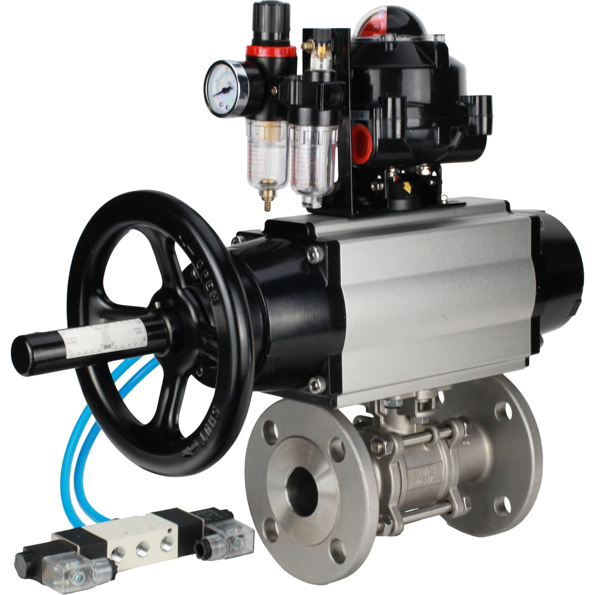 Ball valves Elephant BV3232P(3pc)-FP-F-ISO-H DN65-100 25/40 bar flanged with ISO flange, body - 316 stainless steel, full bore, seal - PTFE, with pneumatic drive PA-DA-105-1, pneumatic distributor 4V320-08 220V, LSU APL-510N Ex, ATU AFC2000