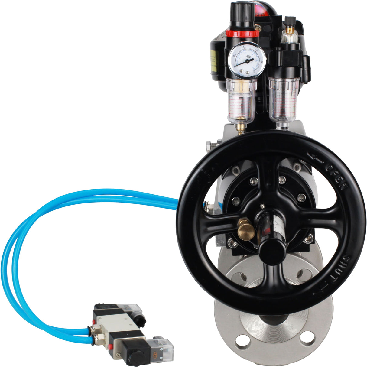 Ball valves Elephant BV3232P(3pc)-FP-F-ISO-H DN65-100 25/40 bar flanged with ISO flange, body - 316 stainless steel, full bore, seal - PTFE, with pneumatic drive PA-DA-105-1, pneumatic distributor 4V320-08 220V, LSU APL-510N Ex, ATU AFC2000