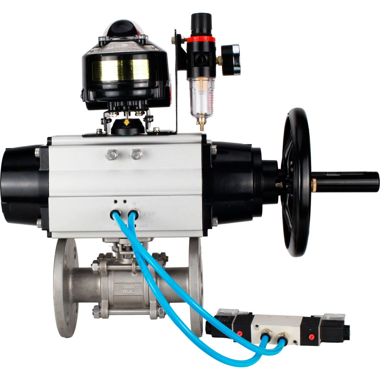 Ball valves Elephant BV3232P(3pc)-FP-F-ISO-H DN65-100 25/40 bar flanged with ISO flange, body - 316 stainless steel, full bore, seal - PTFE, with pneumatic drive PA-DA-105-1, pneumatic distributor 4V320-08 220V, LSU APL-510N Ex, ATU AFC2000