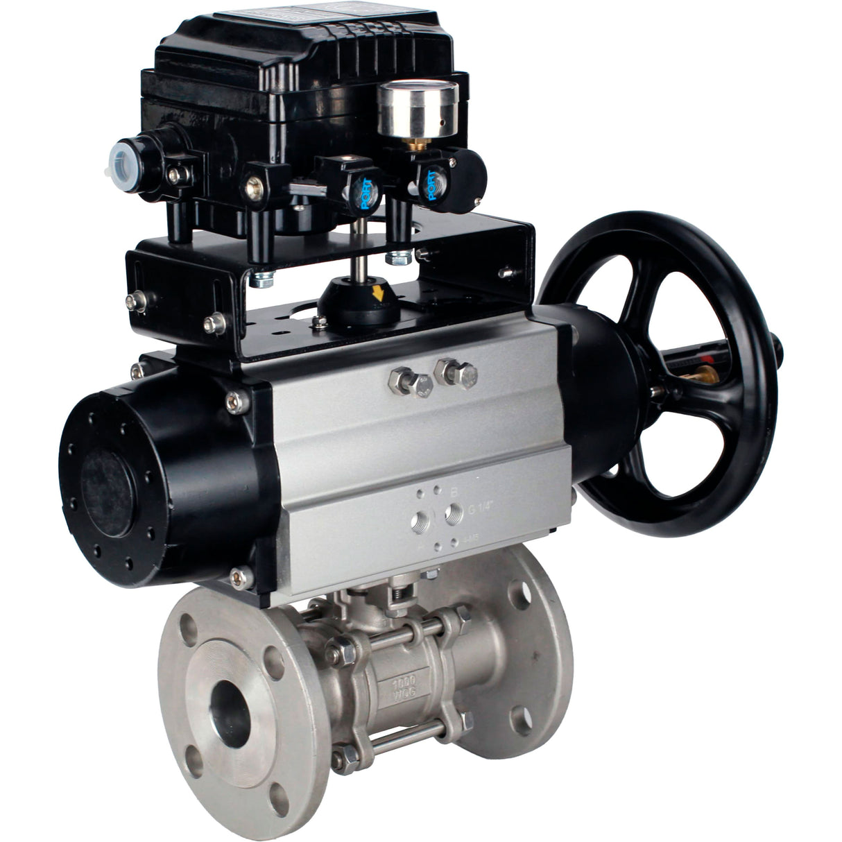 Ball valves Elephant BV3232P(3pc)-FP-F-ISO-H DN65-100 25/40 bar flanged with ISO flange, body - 316 stainless steel, full bore, seal - PTFE, with pneumatic drive PA-DA-105-1, YT-1000RSN electro-pneumatic positioner without feedback