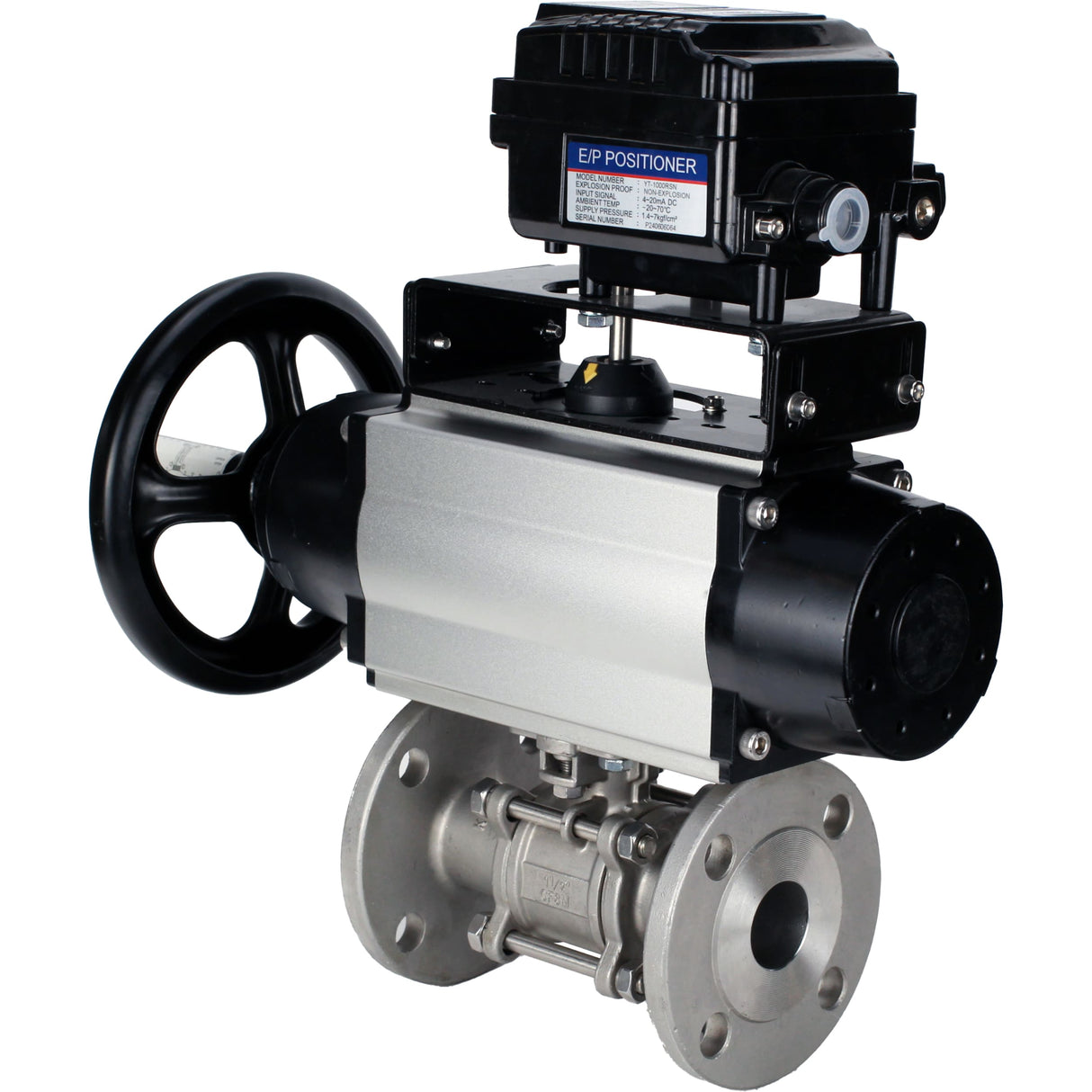 Ball valves Elephant BV3232P(3pc)-FP-F-ISO-H DN65-100 25/40 bar flanged with ISO flange, body - 316 stainless steel, full bore, seal - PTFE, with pneumatic drive PA-DA-105-1, YT-1000RSN electro-pneumatic positioner without feedback
