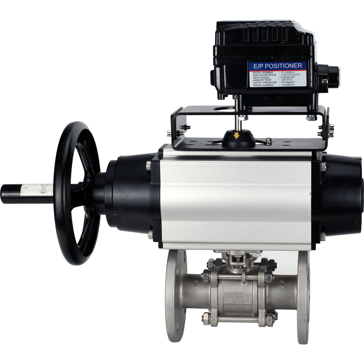 Ball valves Elephant BV3232P(3pc)-FP-F-ISO-H DN65-100 25/40 bar flanged with ISO flange, body - 316 stainless steel, full bore, seal - PTFE, with pneumatic drive PA-DA-105-1, YT-1000RSN electro-pneumatic positioner without feedback