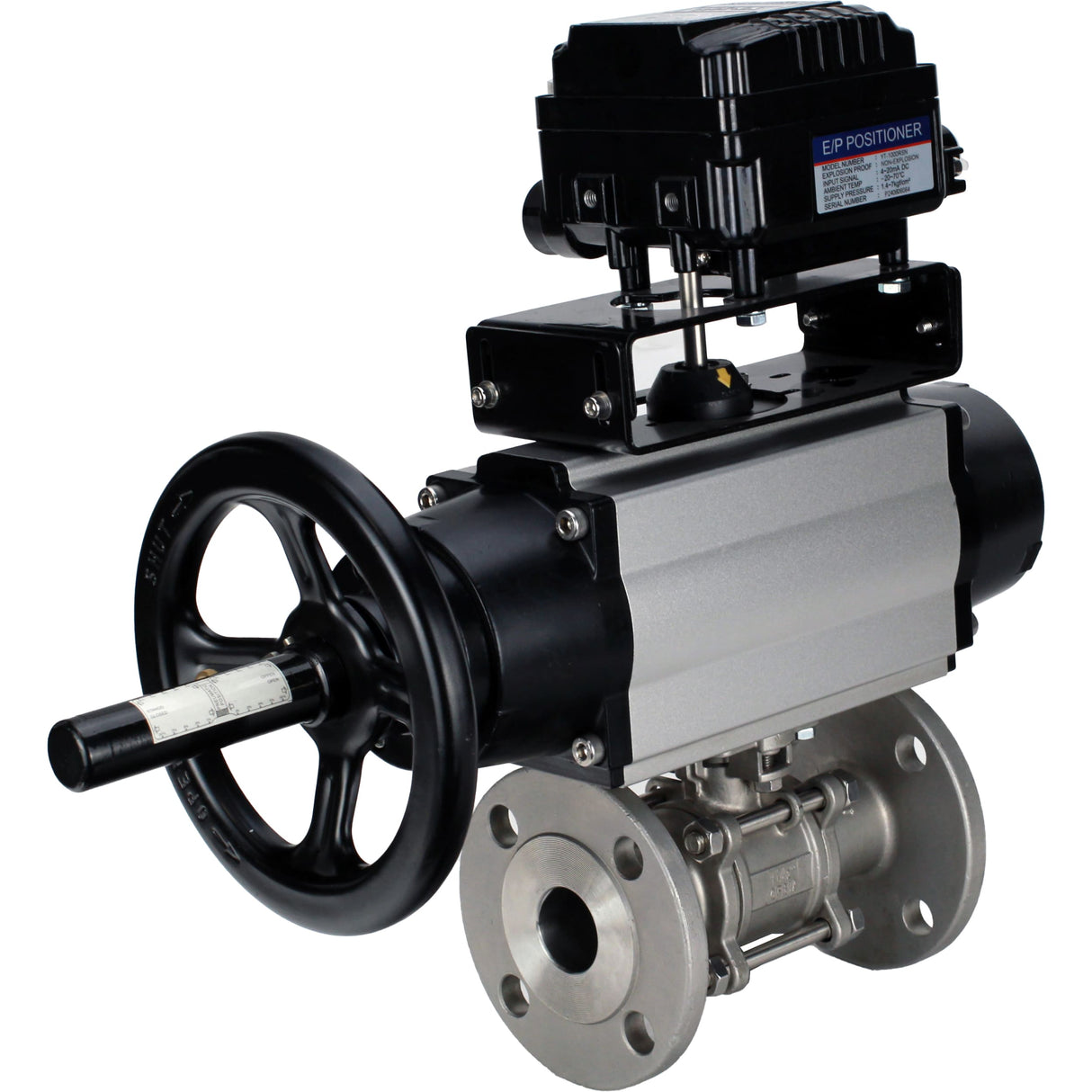Ball valves Elephant BV3232P(3pc)-FP-F-ISO-H DN65-100 25/40 bar flanged with ISO flange, body - 316 stainless steel, full bore, seal - PTFE, with pneumatic drive PA-DA-105-1, YT-1000RSN electro-pneumatic positioner without feedback