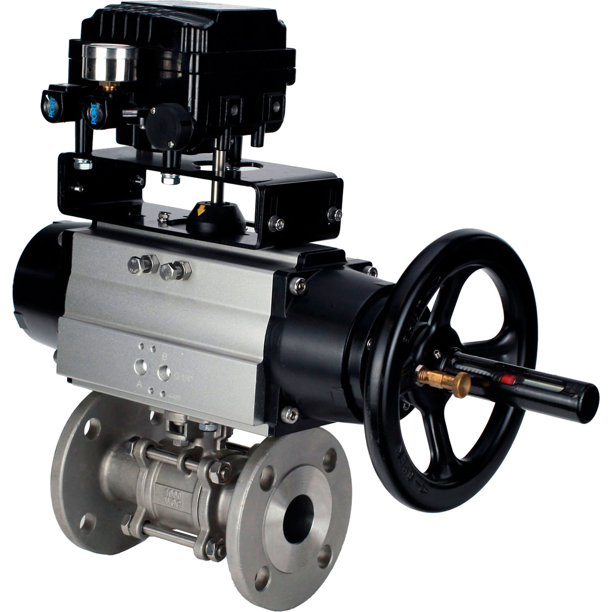 Ball valves Elephant BV3232P(3pc)-FP-F-ISO-H DN65-100 25/40 bar flanged with ISO flange, body - 316 stainless steel, full bore, seal - PTFE, with pneumatic drive PA-DA-105-1, YT-1000RSN electro-pneumatic positioner without feedback