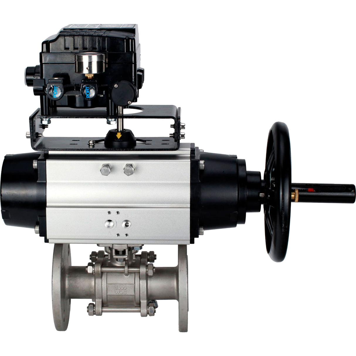 Ball valves Elephant BV3232P(3pc)-FP-F-ISO-H DN65-100 25/40 bar flanged with ISO flange, body - 316 stainless steel, full bore, seal - PTFE, with pneumatic drive PA-DA-105-1, YT-1000RSN electro-pneumatic positioner without feedback