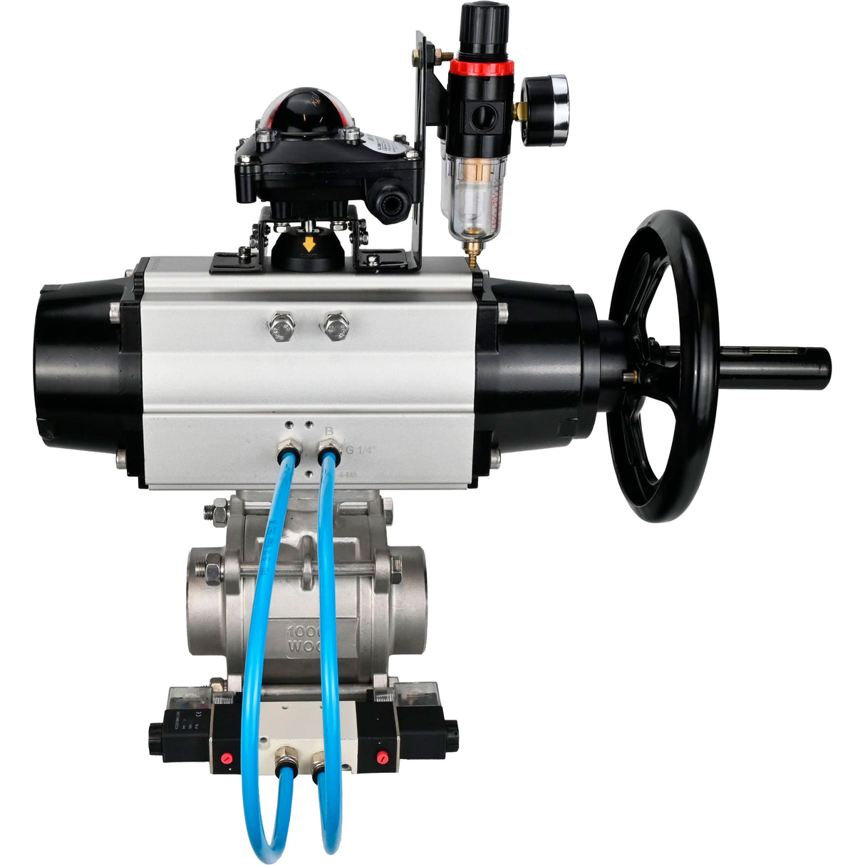 Kugelhähne Elephant BV3232P(3pc)-FP-W-ISO-H, Gehäusematerial - Edelstahl AISI 316, Dichtung - PTFE / PTFE / Teflon, mit pneumatischem Doppelwirkungsantrieb PA-DA-105-1, 4V320-08 220V, LSU APL-210N, ATU AFC2000