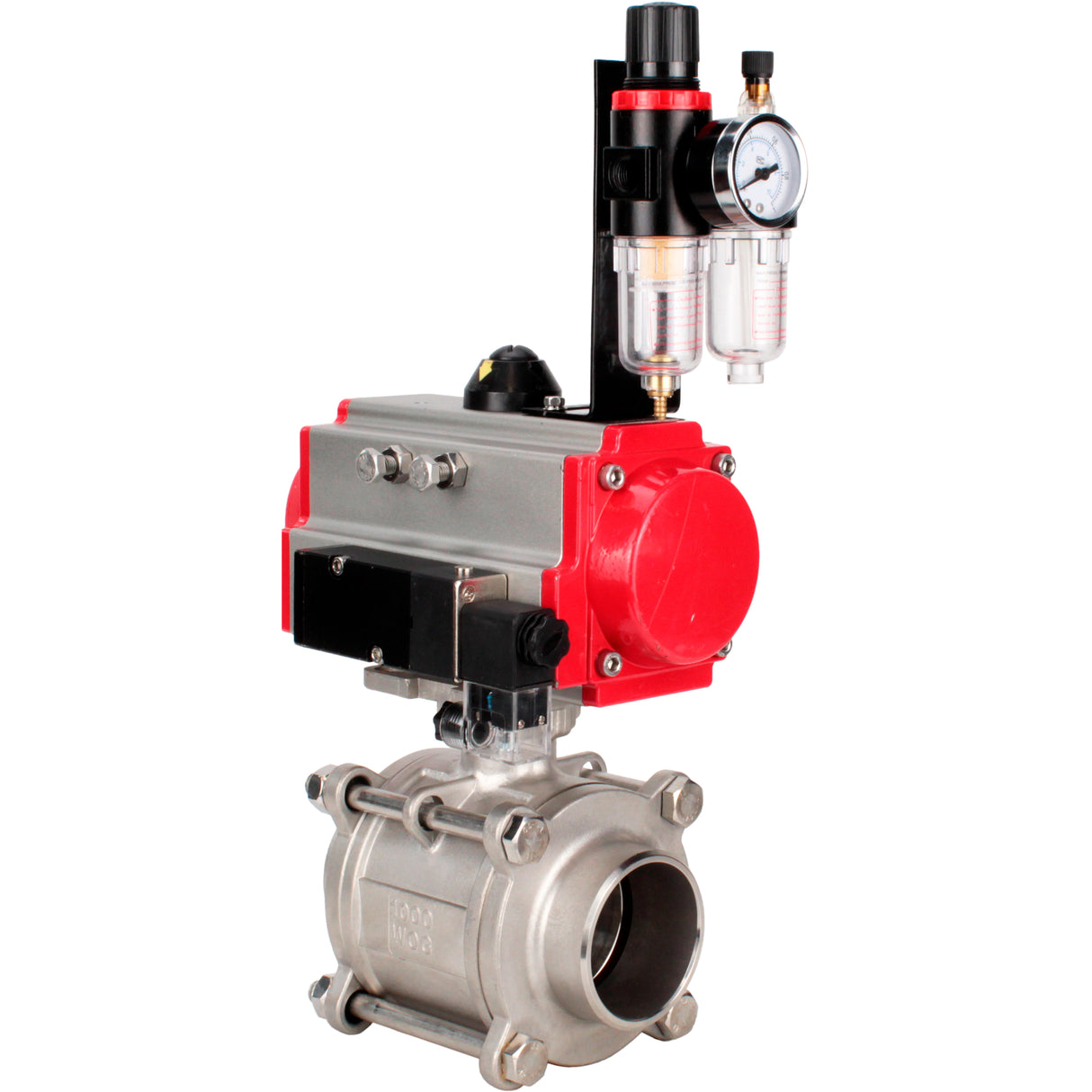 Ball valves Elephant BV3232P(3pc)-FP-W-ISO-H WDVF DN15-32 63 bar full bore, body - 316 stainless steel, seal - PTFE, for welding, with PA-DA pneumatic actuator, pneumatic distributor 4M310-08 220V, ATU AFC2000