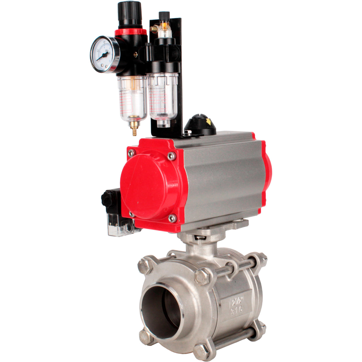 Ball valves Elephant BV3232P(3pc)-FP-W-ISO-H WDVF DN15-32 63 bar full bore, body - 316 stainless steel, seal - PTFE, for welding, with PA-DA pneumatic actuator, pneumatic distributor 4M310-08 220V, ATU AFC2000