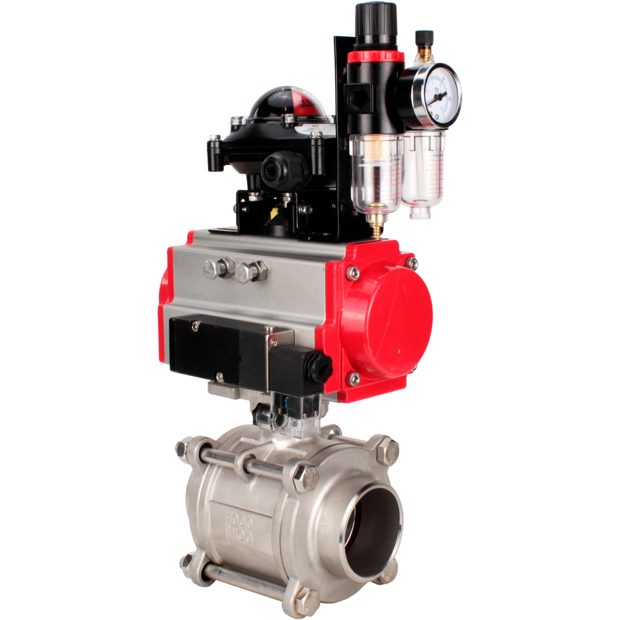 Ball valves Elephant BV3232P(3pc)-FP-W-ISO-H WDVF DN15-32 63 bar full bore, body - 316 stainless steel, seal - PTFE, for welding, with PA-DA pneumatic actuator, pneumatic distributor 4M310-08 220V, LSU APL-210N, ATU AFC2000