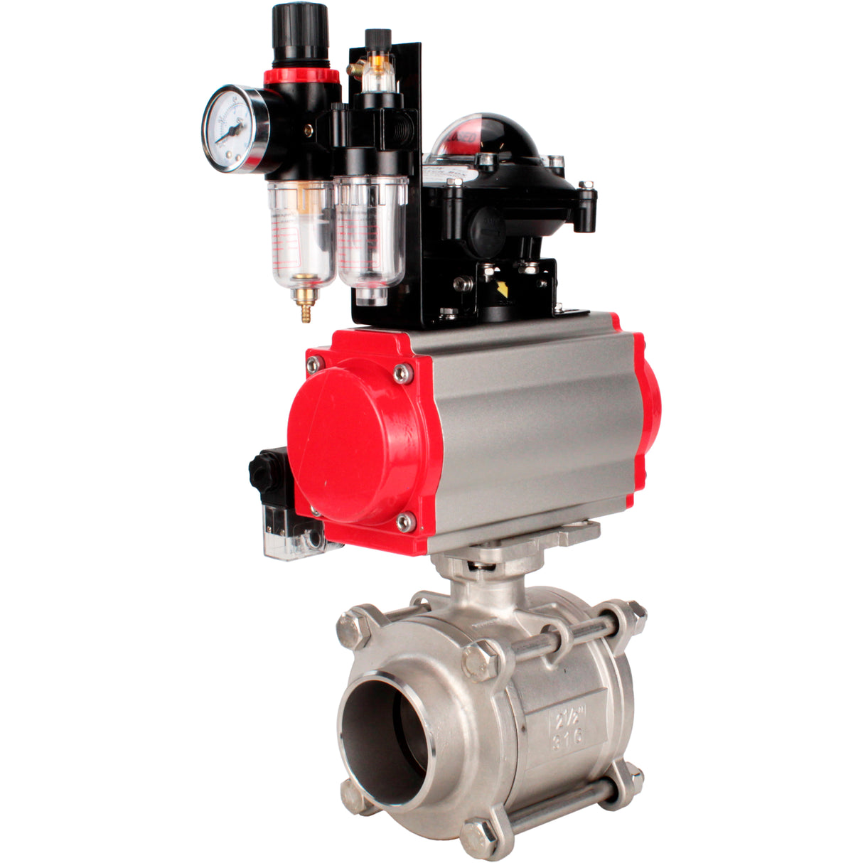 Ball valves Elephant BV3232P(3pc)-FP-W-ISO-H WDVF DN15-32 63 bar full bore, body - 316 stainless steel, seal - PTFE, for welding, with PA-DA pneumatic actuator, pneumatic distributor 4M310-08 220V, LSU APL-210N, ATU AFC2000