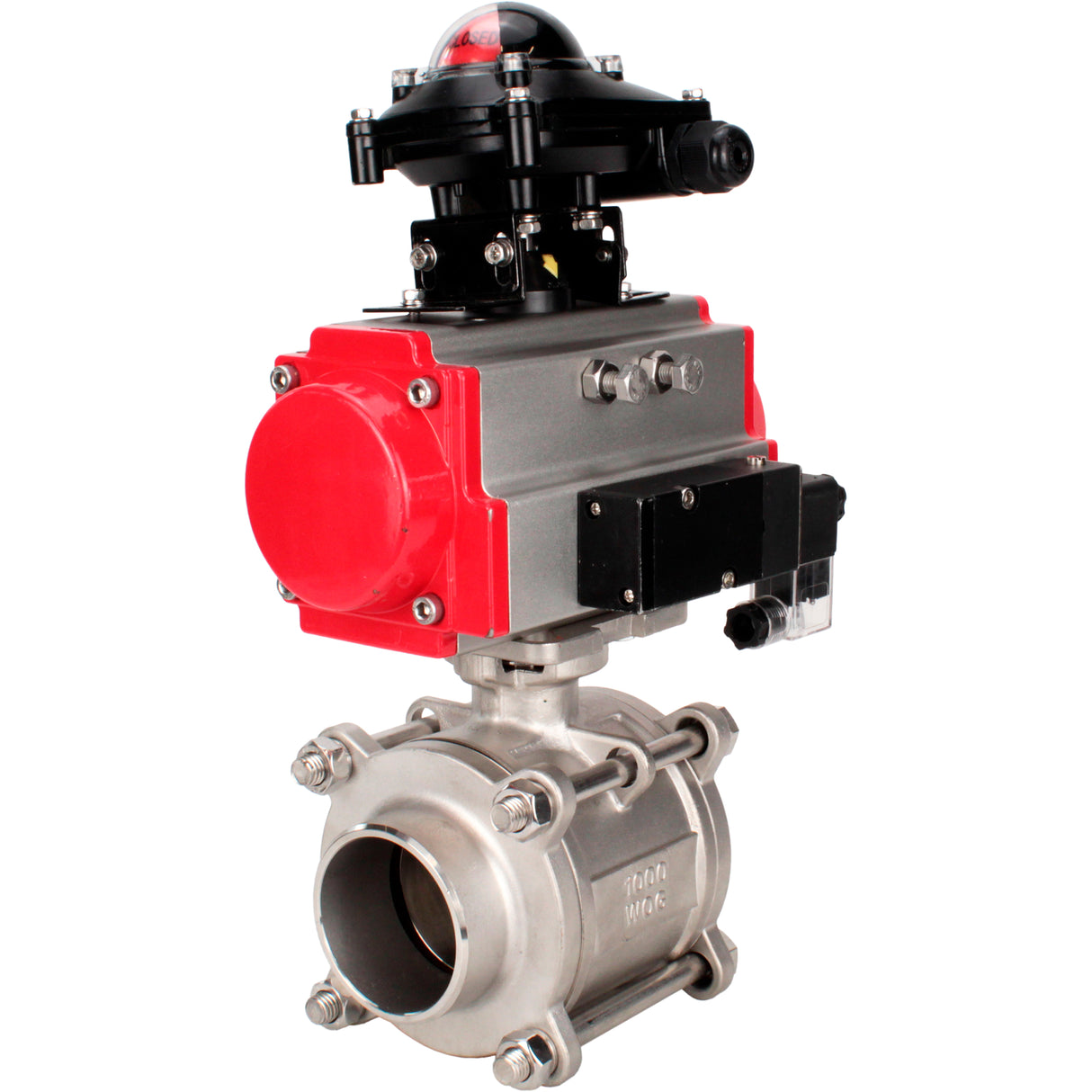 Ball valves Elephant BV3232P(3pc)-FP-W-ISO-H WDVF DN15-32 63 bar full bore, body - 316 stainless steel, seal - PTFE, for welding, with PA-DA pneumatic actuator, pneumatic distributor 4M310-08 220V, LSU APL-210N