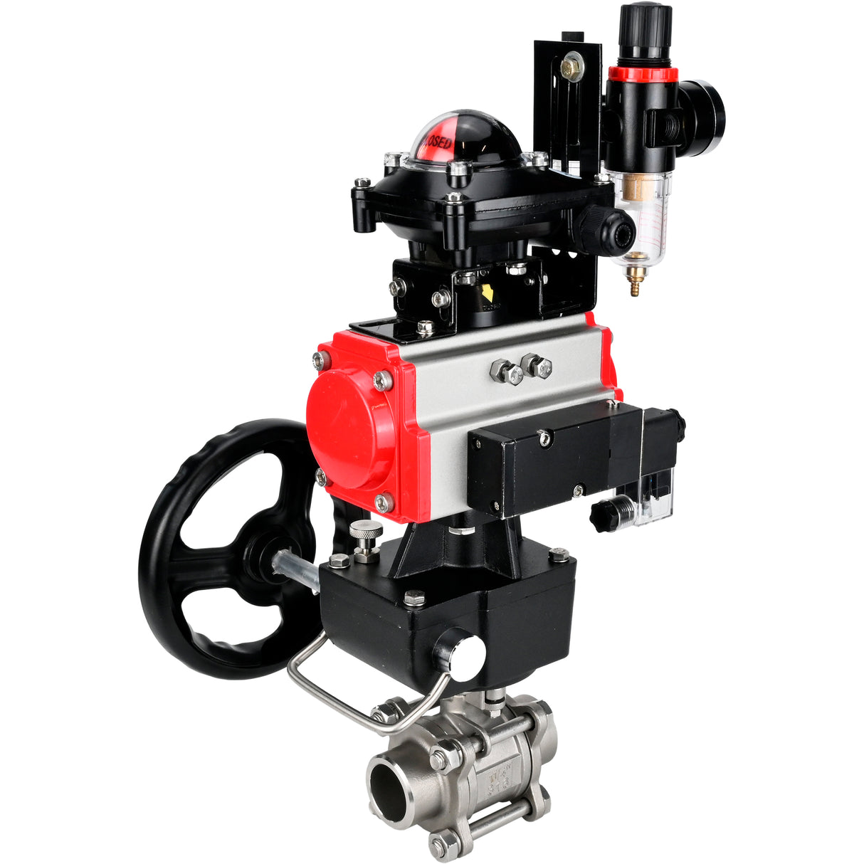 Ball valves Elephant BV3232P(3pc)-FP-W-ISO-H WDVF DN15-32 63 bar full bore, 316 stainless steel, seal - PTFE, for welding, with PA-DA pneumatic actuator, pneumatic distributor 4M310-08 24V, LSU APL-210N, manual backup for MON, ATU AFC2000