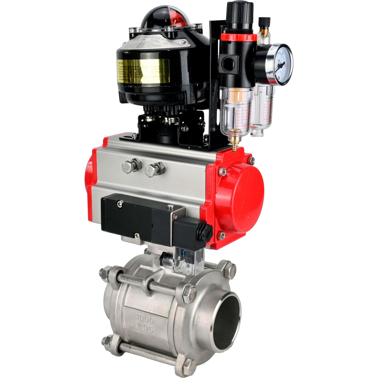 Ball valves Elephant BV3232P(3pc)-FP-W-ISO-H WDVF DN15-32 63 bar full bore, body - 316 stainless steel, seal - PTFE, for welding, with PA-DA pneumatic actuator, pneumatic distributor 4M310-08 220V, LSU APL-510N EX, ATU AFC2000
