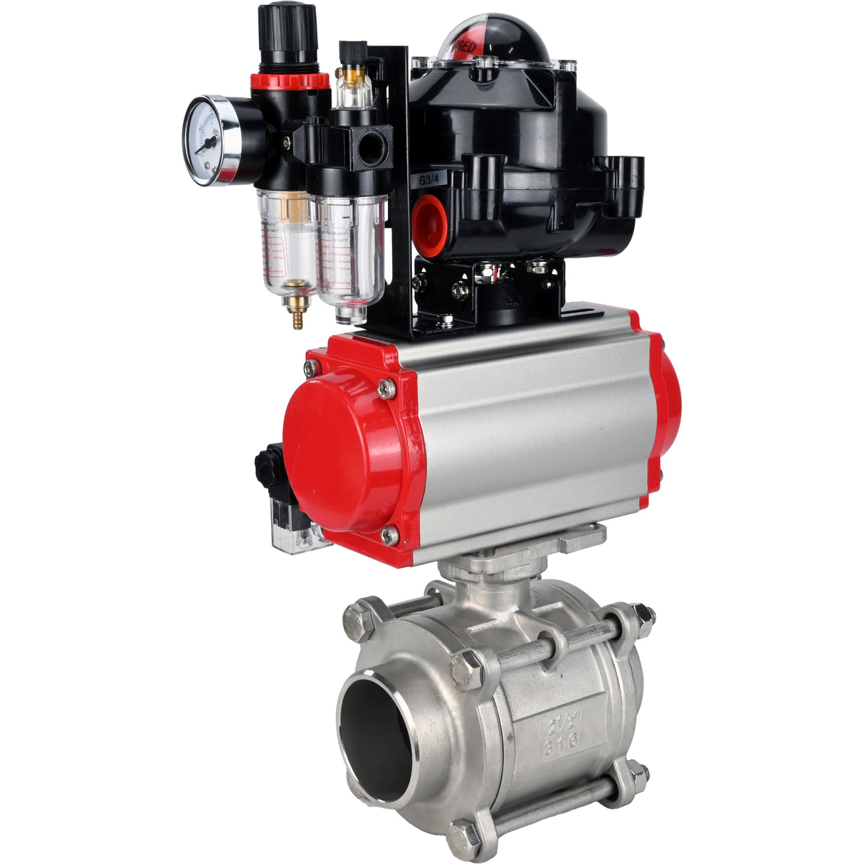 Ball valves Elephant BV3232P(3pc)-FP-W-ISO-H WDVF DN15-32 63 bar full bore, body - 316 stainless steel, seal - PTFE, for welding, with PA-DA pneumatic actuator, pneumatic distributor 4M310-08 220V, LSU APL-510N EX, ATU AFC2000