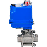 Ball valves Elephant BV3232P(3pc)-FP-W-ISO-H WDVF DN15-32 63 bar full bore, body - 316 stainless steel, seal - PTFE, for welding, with a 1/4-turn electric drive Elephant QT-N-EM-O1-220VAC-U1 blue