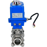 Ball valves Elephant BV3232P(3pc)-FP-W-ISO-H WDVF DN15-32 63 bar full bore, body - 316 stainless steel, seal - PTFE, for welding, with a 1/4-turn electric drive Elephant QT-N-EM-O1-220VAC-U1 blue