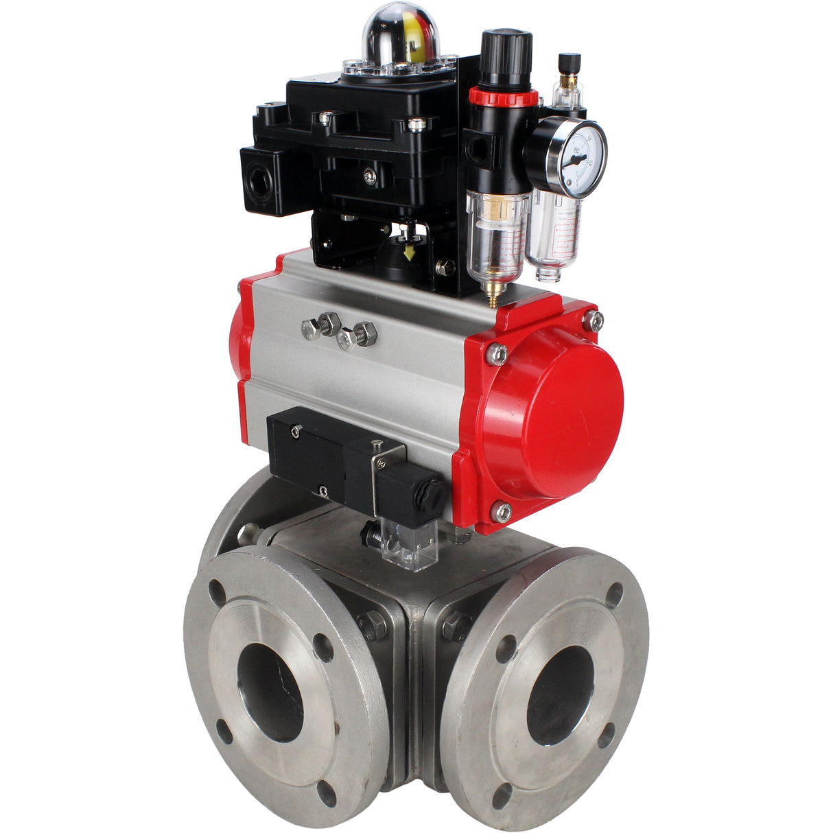 Ball valves Elephant BV3232P(4pc)-FP-3WL-F-ISO-H 16 bar full bore, flanged, body - stainless steel SS316, ISO flange F03/F04-F10/F12, square 9x9-19x19, with pneumatic drive PA-SA, pneumatic valve 4M310-08 220V, LSU APL-410N EX and ATU AF