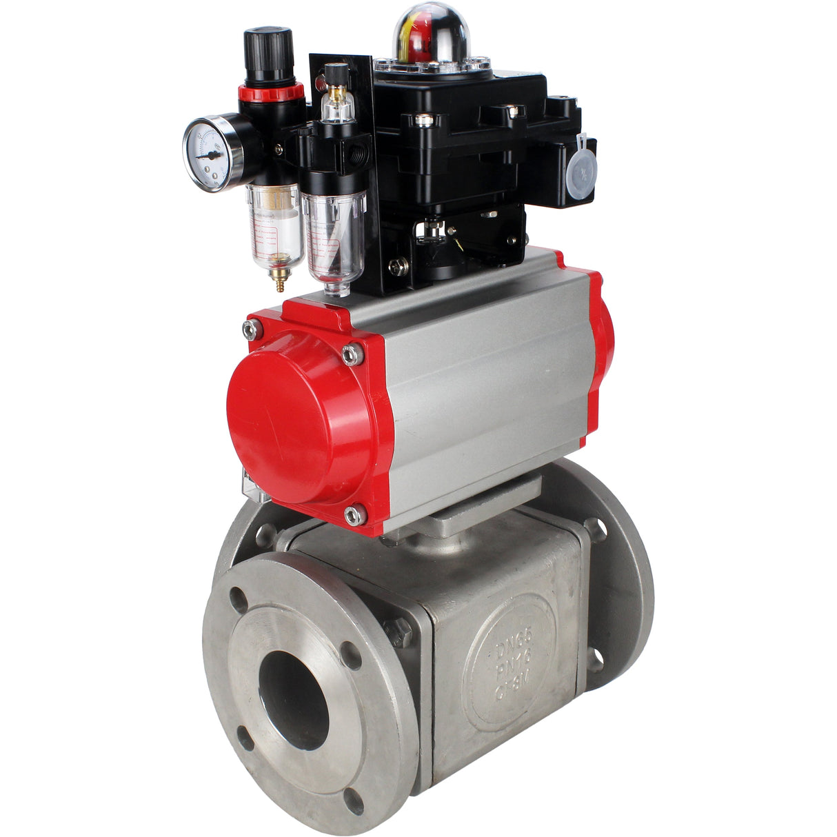 Ball valves Elephant BV3232P(4pc)-FP-3WL-F-ISO-H 16 bar full bore, flanged, body - stainless steel SS316, ISO flange F03/F04-F10/F12, square 9x9-19x19, with pneumatic drive PA-SA, pneumatic valve 4M310-08 220V, LSU APL-410N EX and ATU AF