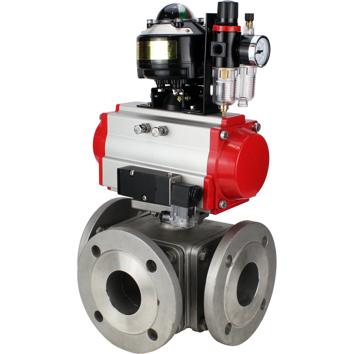 Ball valves Elephant BV3232P(4pc)-FP-3WL-F-ISO-H 16 bar full bore, flanged, body - stainless steel SS316, ISO flange F03/F04-F10/F12, square 9x9-19x19, with pneumatic drive PA-SA, pneumatic valve 4M310-08 220V, LSU APL-510N EX and ATU AF