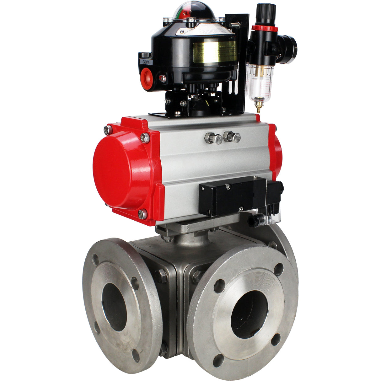 Ball valves Elephant BV3232P(4pc)-FP-3WL-F-ISO-H 16 bar full bore, flanged, body - stainless steel SS316, ISO flange F03/F04-F10/F12, square 9x9-19x19, with pneumatic drive PA-SA, pneumatic valve 4M310-08 220V, LSU APL-510N EX and ATU AF