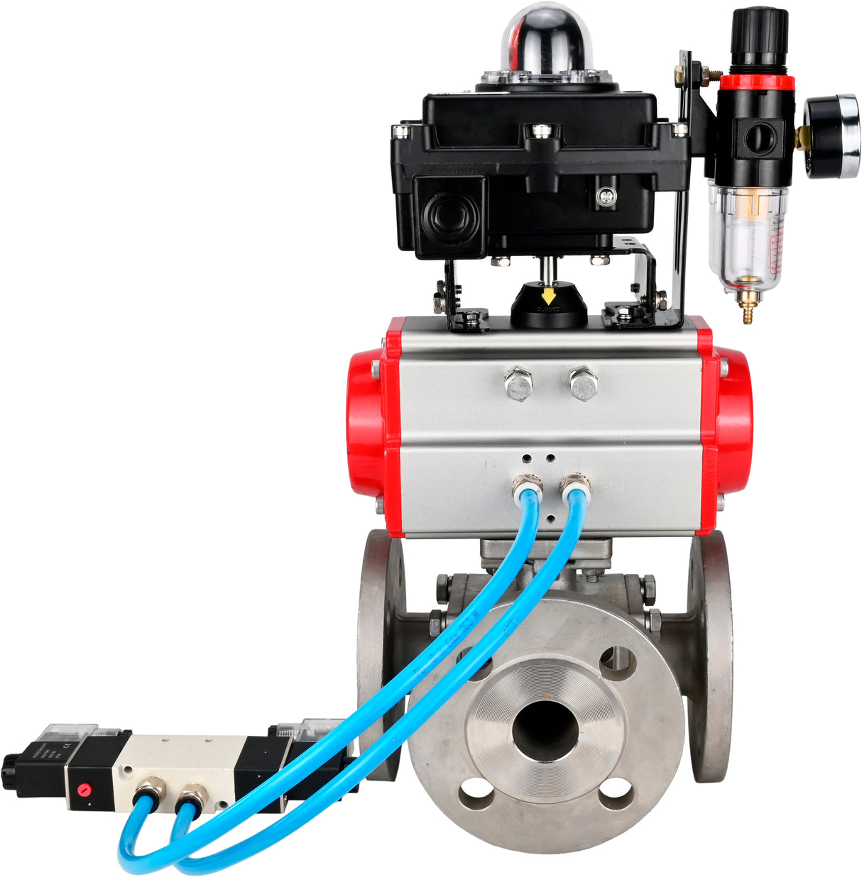 Ball valves Elephant BV3232P(4pc)-FP-3WL-F-ISO-H 16 bar full bore, flanged, body - stainless steel SS316, ISO flange F03/F04-F10/F12, square 9x9-19x19, with pneumatic drive PA-DA, pneumatic distributor 4V320-8 220V, LSU APL-410N EX and ATU AFC