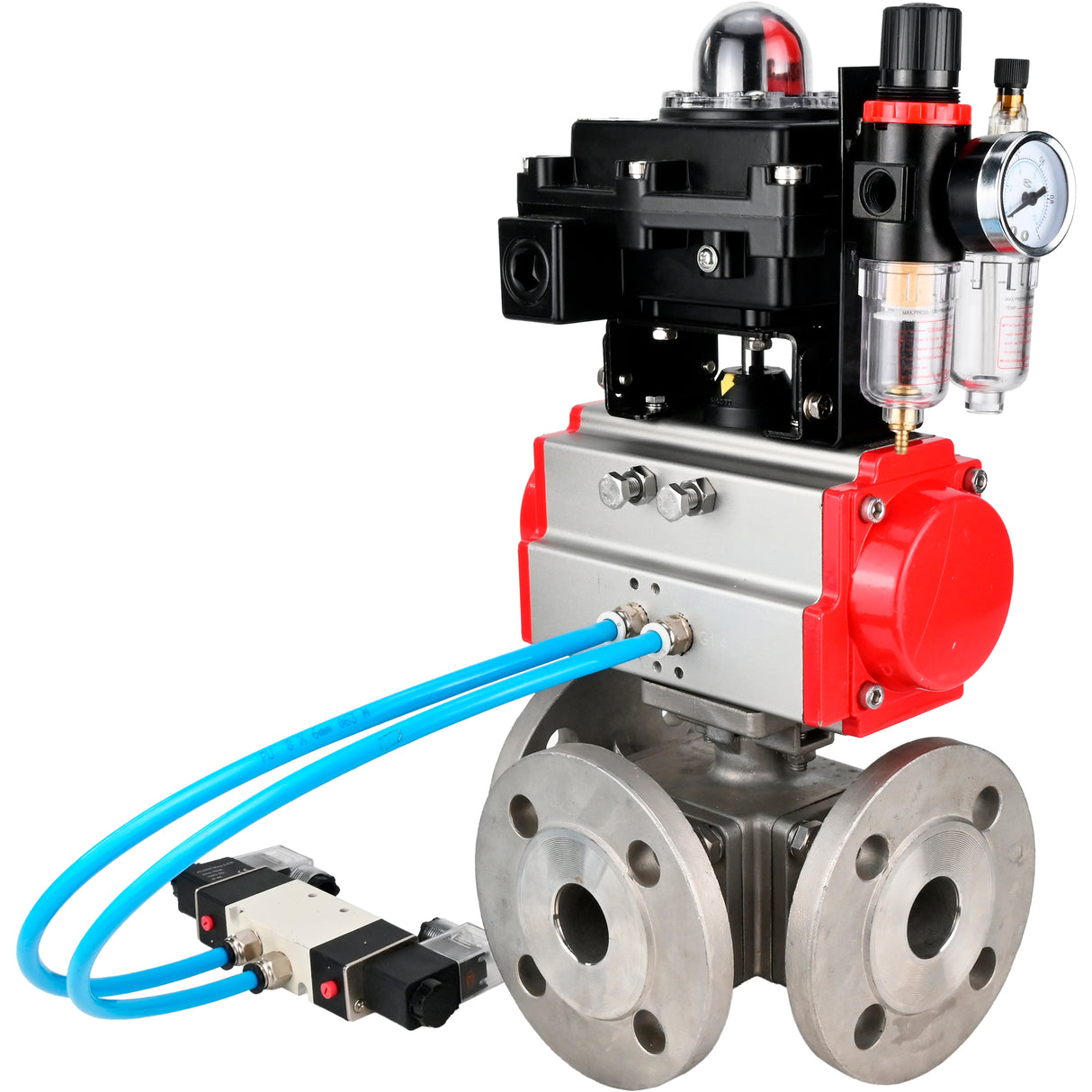 Ball valves Elephant BV3232P(4pc)-FP-3WL-F-ISO-H 16 bar full bore, flanged, body - stainless steel SS316, ISO flange F03/F04-F10/F12, square 9x9-19x19, with pneumatic drive PA-DA, pneumatic distributor 4V320-8 220V, LSU APL-410N EX and ATU AFC