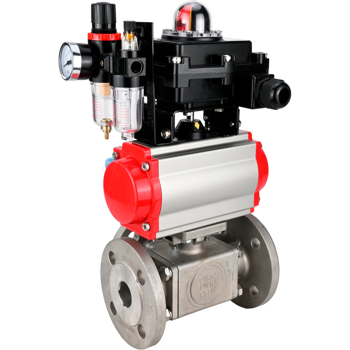 Ball valves Elephant BV3232P(4pc)-FP-3WL-F-ISO-H 16 bar full bore, flanged, body - stainless steel SS316, ISO flange F03/F04-F10/F12, square 9x9-19x19, with pneumatic drive PA-DA, pneumatic distributor 4V320-8 220V, LSU APL-410N EX and ATU AFC
