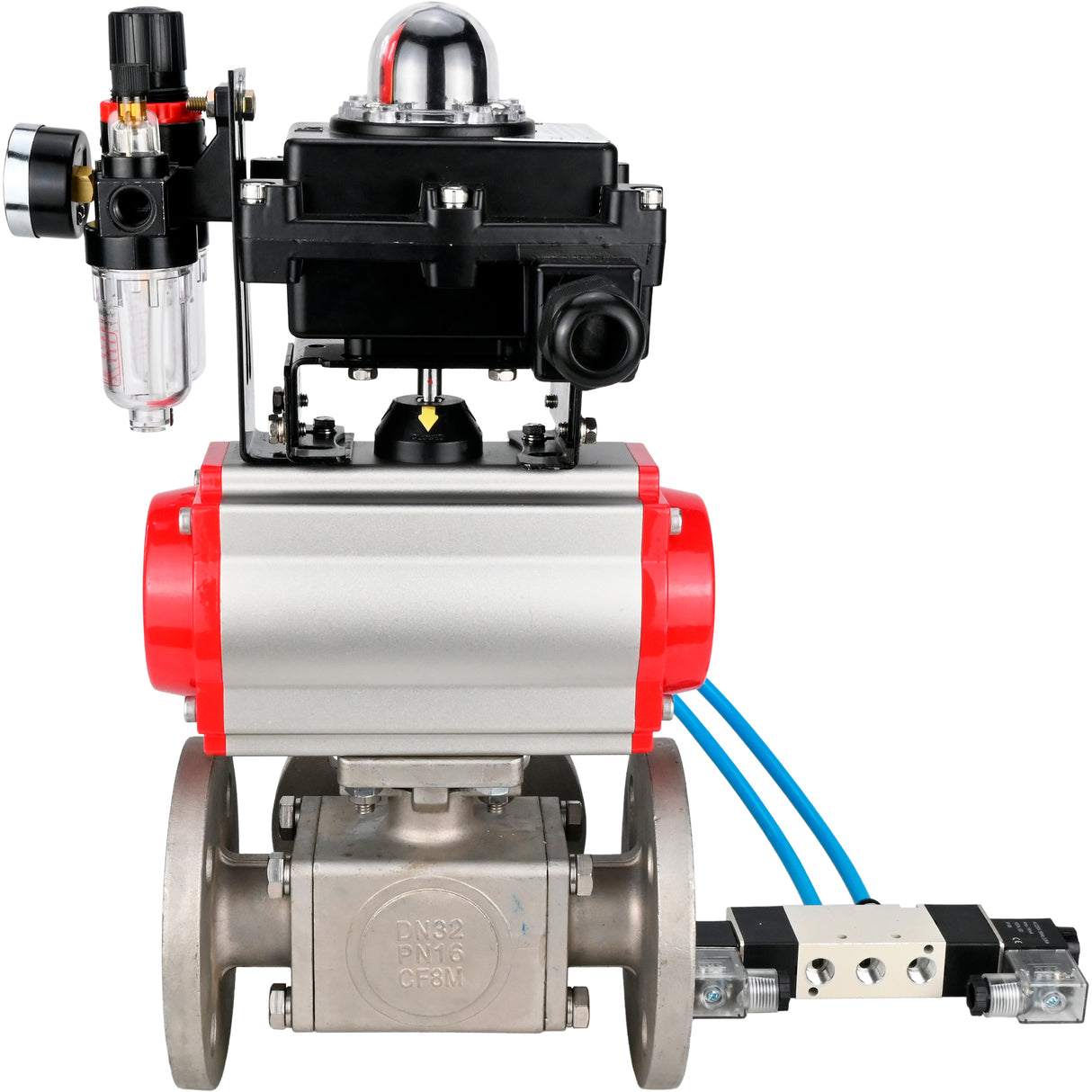 Ball valves Elephant BV3232P(4pc)-FP-3WL-F-ISO-H 16 bar full bore, flanged, body - stainless steel SS316, ISO flange F03/F04-F10/F12, square 9x9-19x19, with pneumatic drive PA-DA, pneumatic distributor 4V320-8 220V, LSU APL-410N EX and ATU AFC