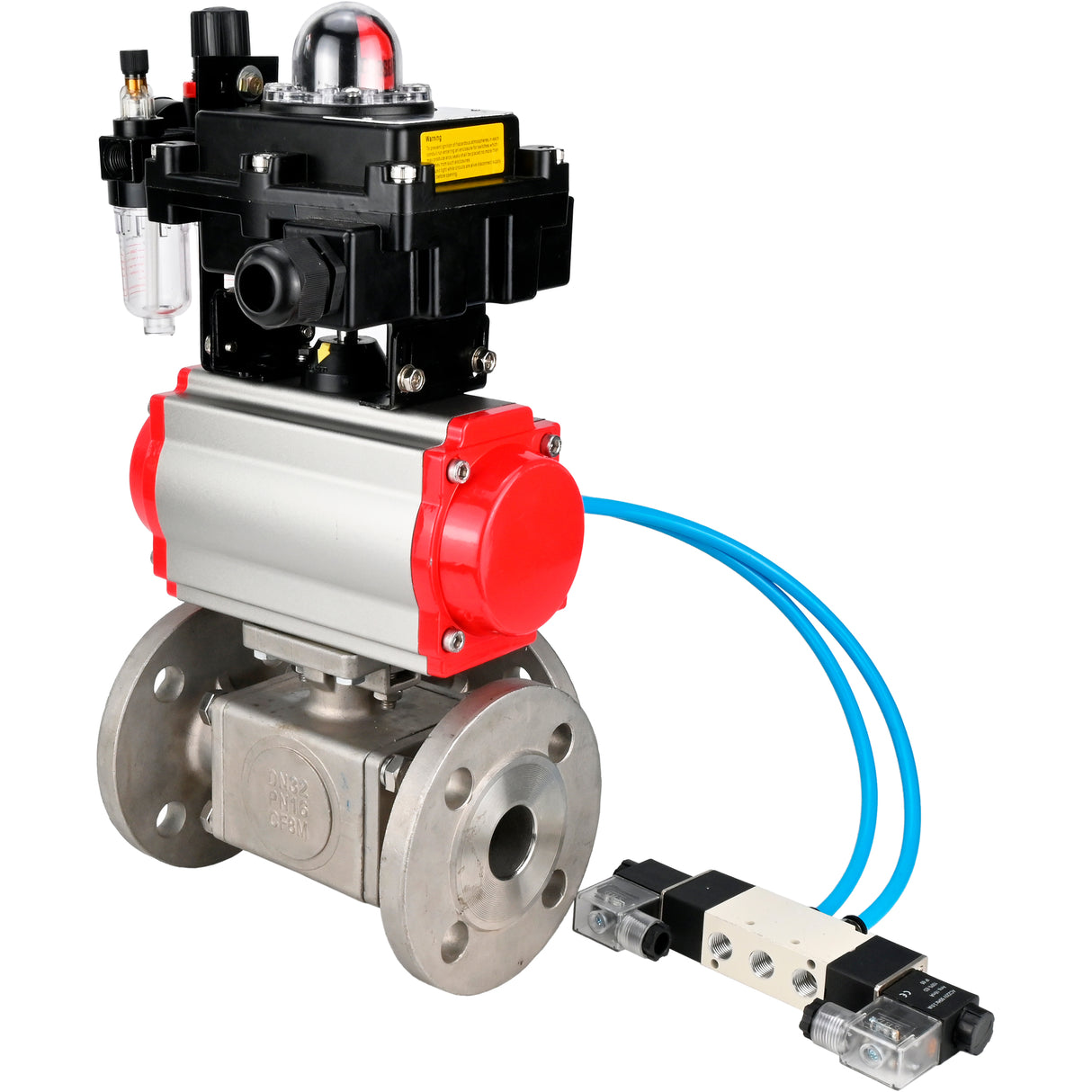 Ball valves Elephant BV3232P(4pc)-FP-3WL-F-ISO-H 16 bar full bore, flanged, body - stainless steel SS316, ISO flange F03/F04-F10/F12, square 9x9-19x19, with pneumatic drive PA-DA, pneumatic distributor 4V320-8 220V, LSU APL-410N EX and ATU AFC