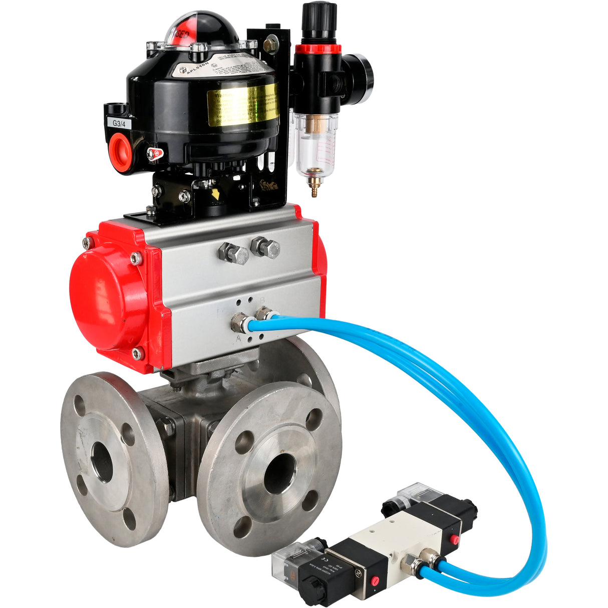 Ball valves Elephant BV3232P(4pc)-FP-3WL-F-ISO-H 16 bar full bore, flanged, body - stainless steel SS316, ISO flange F03/F04-F10/F12, square 9x9-19x19, with pneumatic drive PA-DA, pneumatic distributor 4V320-8 220V, LSU APL-510N EX and ATU AFC