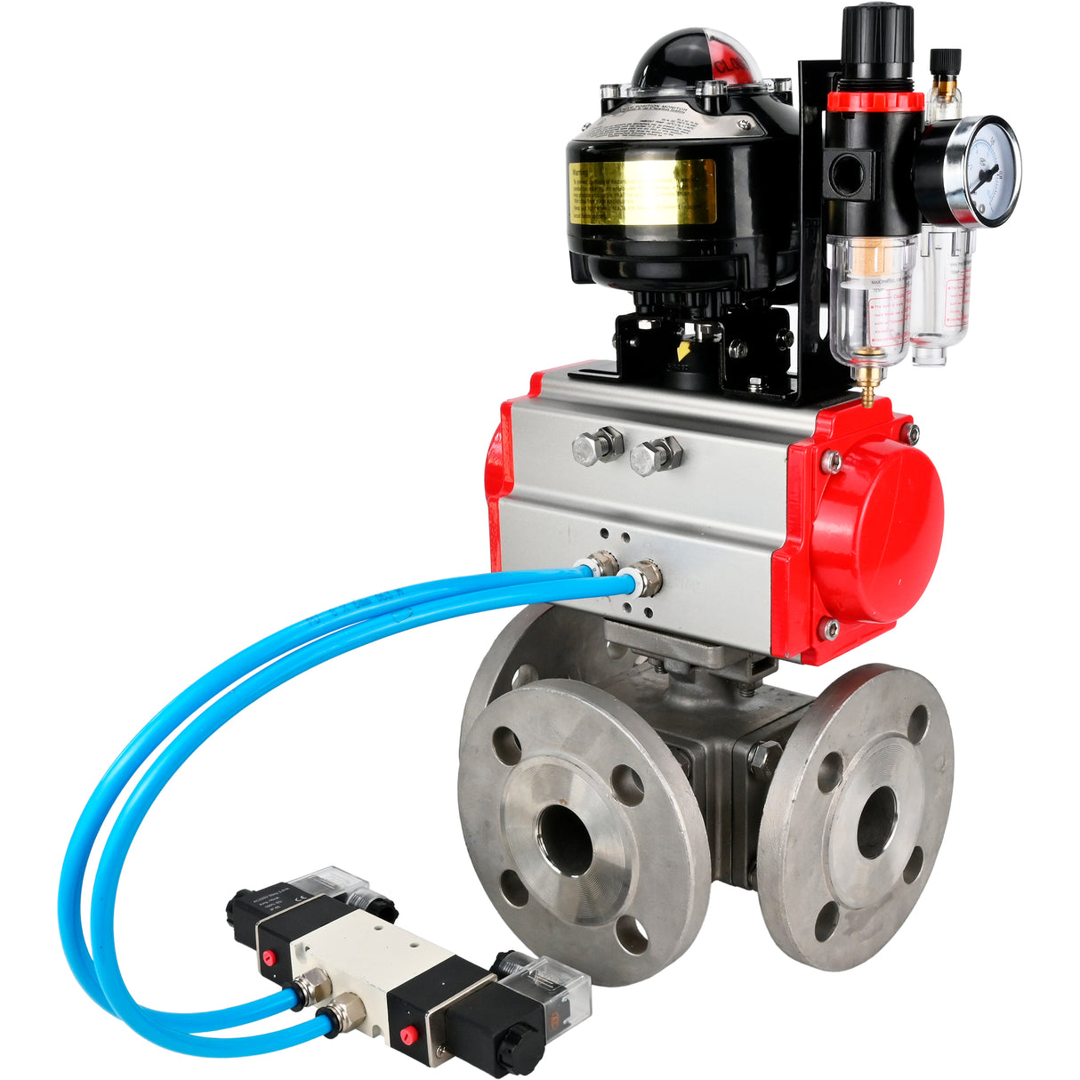 Ball valves Elephant BV3232P(4pc)-FP-3WL-F-ISO-H 16 bar full bore, flanged, body - stainless steel SS316, ISO flange F03/F04-F10/F12, square 9x9-19x19, with pneumatic drive PA-DA, pneumatic distributor 4V320-8 220V, LSU APL-510N EX and ATU AFC