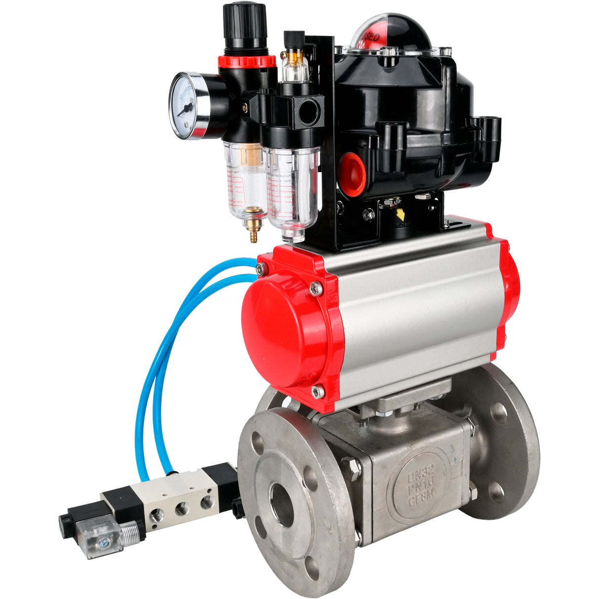Ball valves Elephant BV3232P(4pc)-FP-3WL-F-ISO-H 16 bar full bore, flanged, body - stainless steel SS316, ISO flange F03/F04-F10/F12, square 9x9-19x19, with pneumatic drive PA-DA, pneumatic distributor 4V320-8 220V, LSU APL-510N EX and ATU AFC