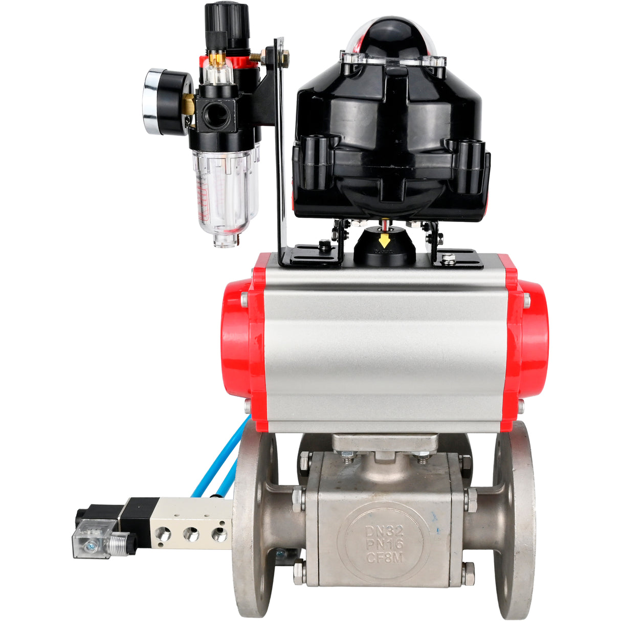 Ball valves Elephant BV3232P(4pc)-FP-3WL-F-ISO-H 16 bar full bore, flanged, body - stainless steel SS316, ISO flange F03/F04-F10/F12, square 9x9-19x19, with pneumatic drive PA-DA, pneumatic distributor 4V320-8 220V, LSU APL-510N EX and ATU AFC