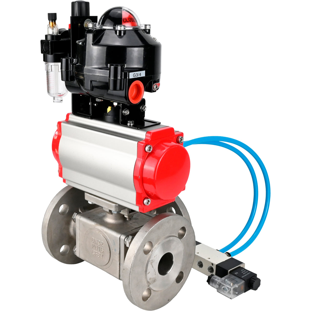 Ball valves Elephant BV3232P(4pc)-FP-3WL-F-ISO-H 16 bar full bore, flanged, body - stainless steel SS316, ISO flange F03/F04-F10/F12, square 9x9-19x19, with pneumatic drive PA-DA, pneumatic distributor 4V320-8 220V, LSU APL-510N EX and ATU AFC