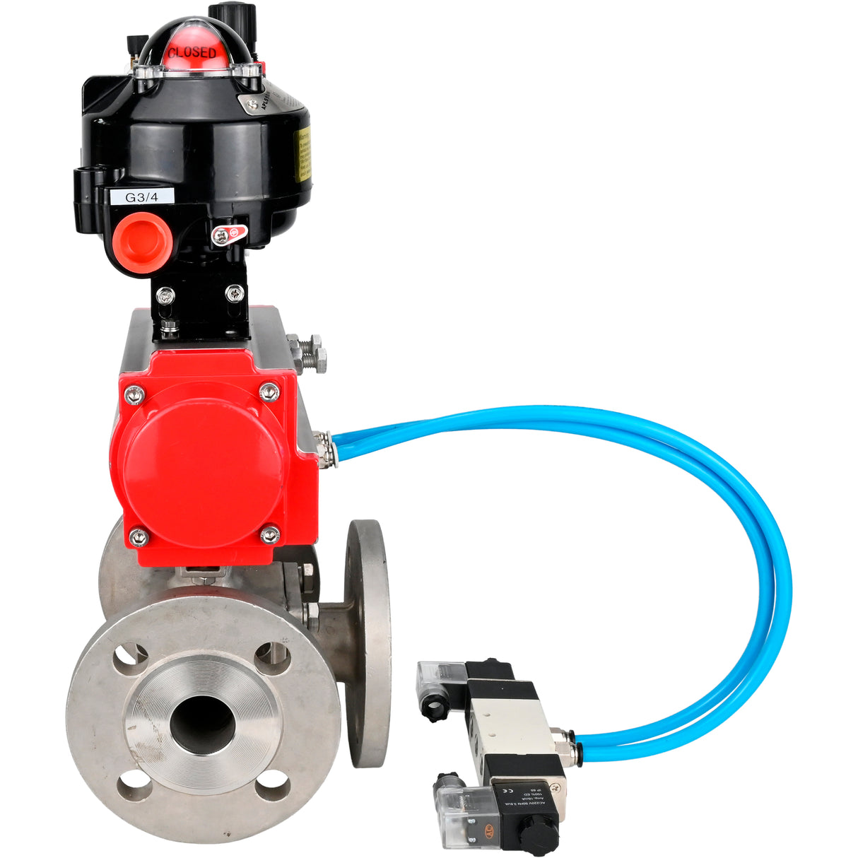 Ball valves Elephant BV3232P(4pc)-FP-3WL-F-ISO-H 16 bar full bore, flanged, body - stainless steel SS316, ISO flange F03/F04-F10/F12, square 9x9-19x19, with pneumatic drive PA-DA, pneumatic distributor 4V320-8 220V, LSU APL-510N EX and ATU AFC
