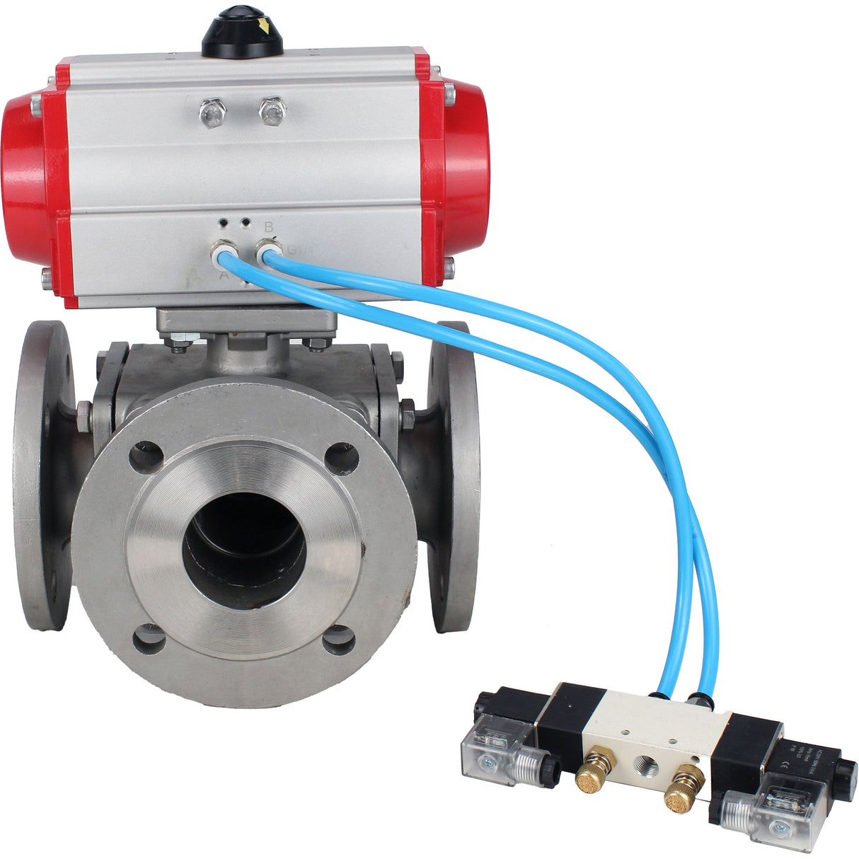 Ball valves Elephant BV3232P(4pc)-FP-3WL-F-ISO-H 16 bar full bore, flanged, body - stainless steel SS316, ISO flange F03/F04-F10/F12, square 9x9-19x19, with pneumatic drive PA-SA with return springs and pneumatic distributor 4V320-08 220V