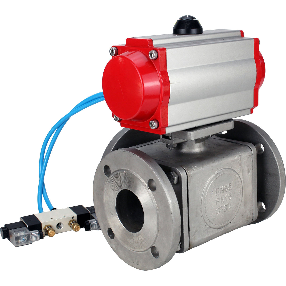Ball valves Elephant BV3232P(4pc)-FP-3WL-F-ISO-H 16 bar full bore, flanged, body - stainless steel SS316, ISO flange F03/F04-F10/F12, square 9x9-19x19, with pneumatic drive PA-SA with return springs and pneumatic distributor 4V320-10 220V