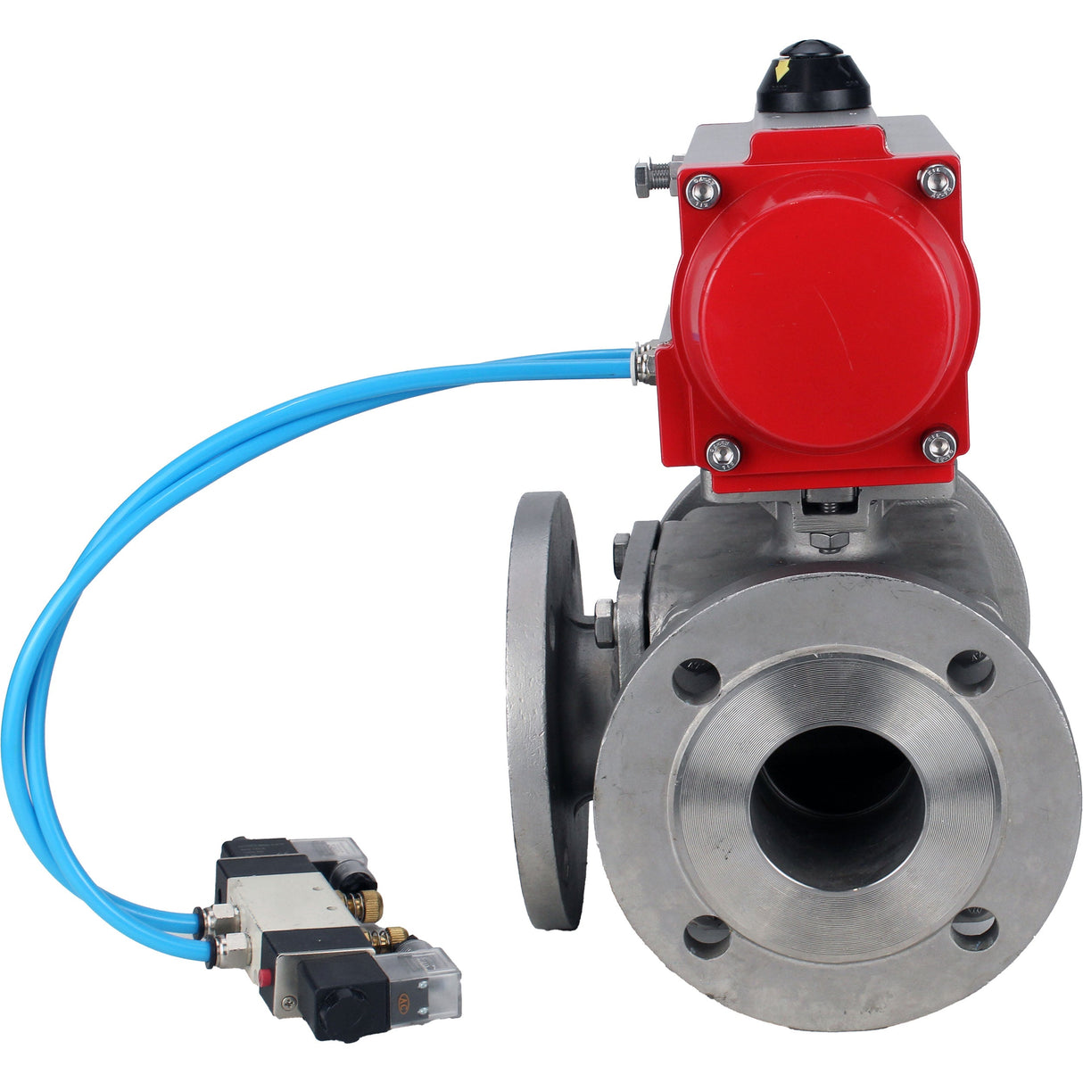 Ball valves Elephant BV3232P(4pc)-FP-3WL-F-ISO-H 16 bar full bore, flanged, body - stainless steel SS316, ISO flange F03/F04-F10/F12, square 9x9-19x19, with pneumatic drive PA-SA with return springs and pneumatic distributor 4V320-08 220V