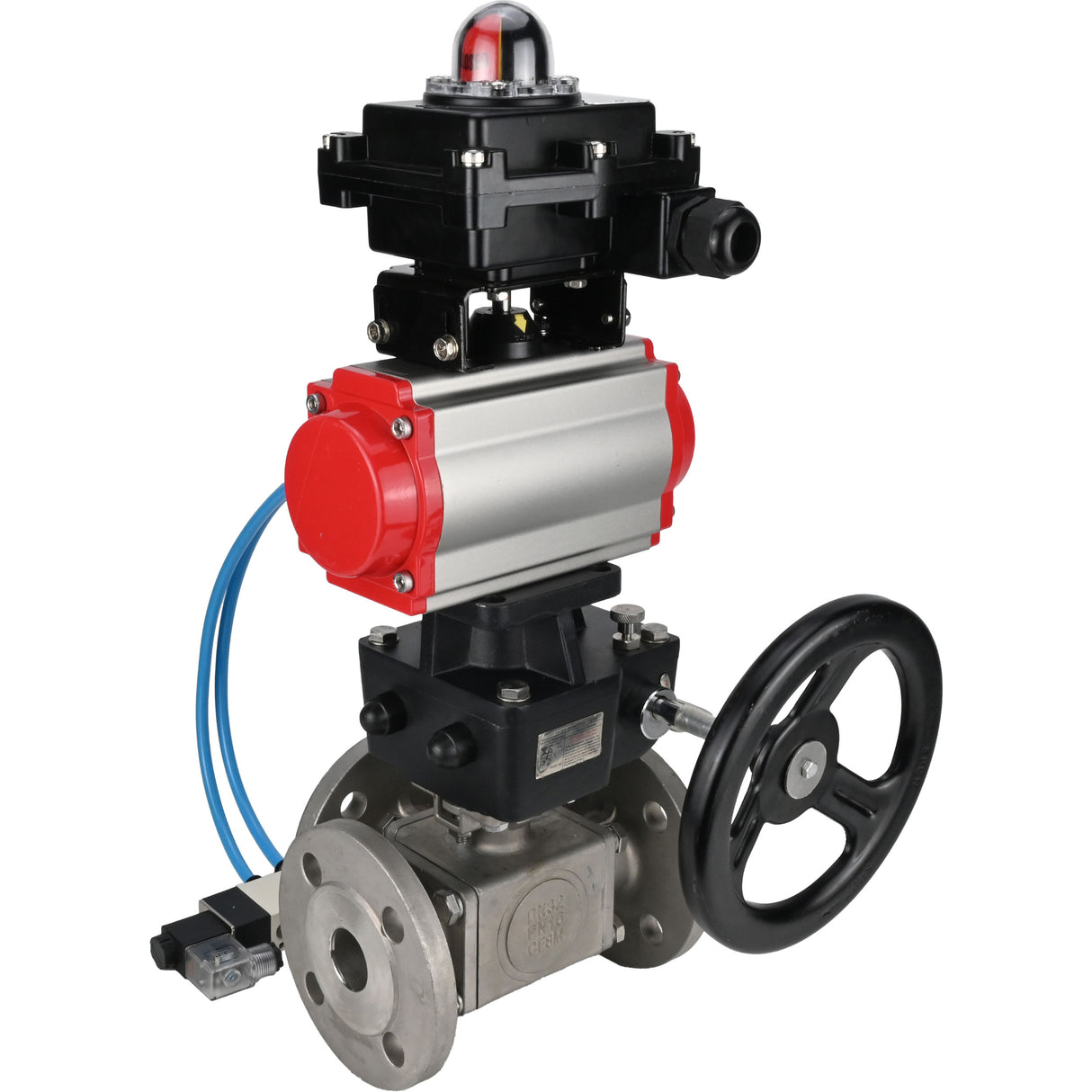 Ball valves Elephant BV3232P(4pc)-FP-3WL-F-ISO-H 16 bar full bore, flanged, body - stainless steel SS316, ISO flange F03/F04-F10/F12, square 9x9-19x19, with pneumatic drive PA-DA, mon/distributor 4V320-10 220V, LSU APL-410N EX and Doubler MON3-700-T38-IS