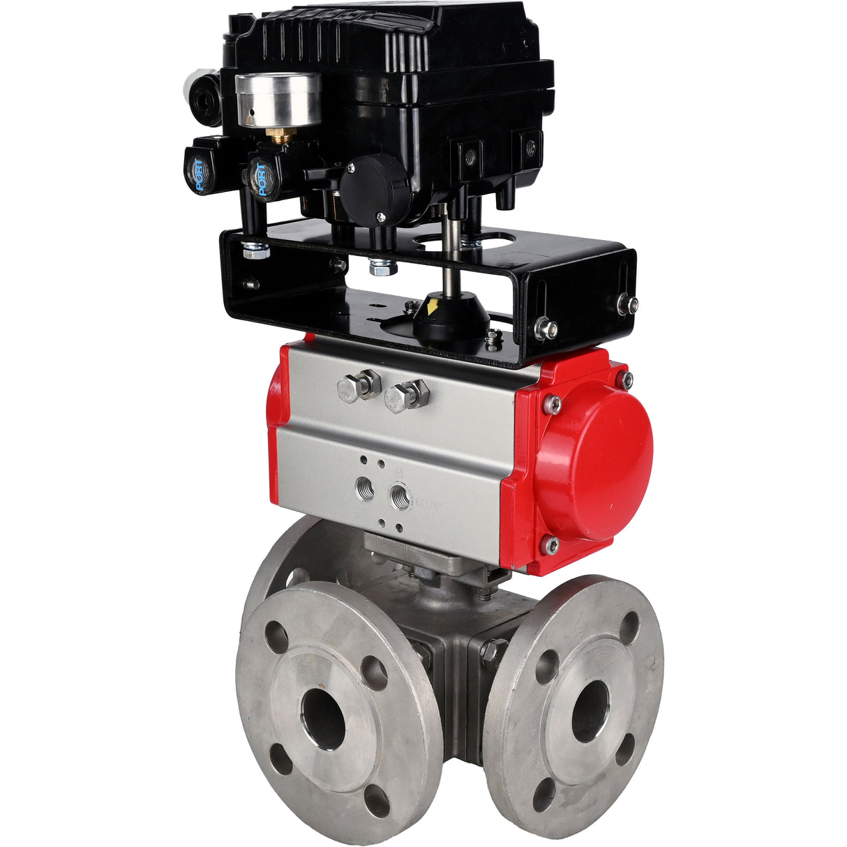 Ball valves Elephant BV3232P(4pc)-FP-3WL-F-ISO-H 16 bar full bore, flanged, body - stainless steel SS316, ISO flange F03/F04-F10/F12, square 9x9-19x19, with PA-SA pneumatic actuator with return springs and pneumatic positioner YT-1000RSN with reverse cont