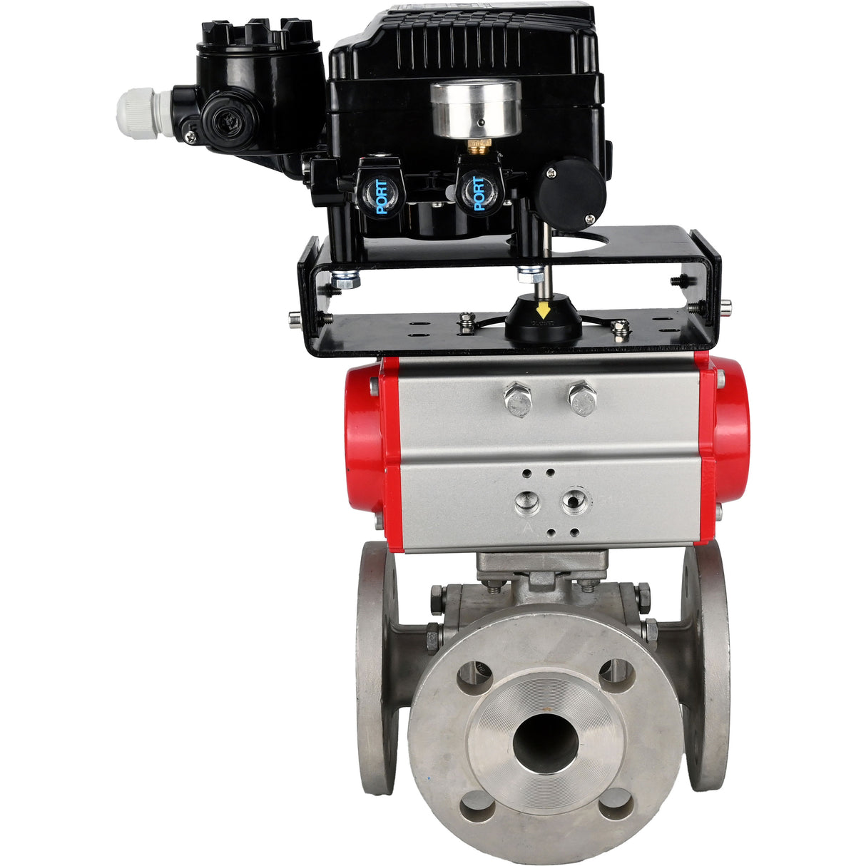 Ball valves Elephant BV3232P(4pc)-FP-3WL-F-ISO-H 16 bar full bore, flanged, body - stainless steel SS316, ISO flange F03/F04-F10/F12, square 9x9-19x19, with PA-SA pneumatic actuator with return springs and pneumatic positioner YT-1000RSN with reverse cont