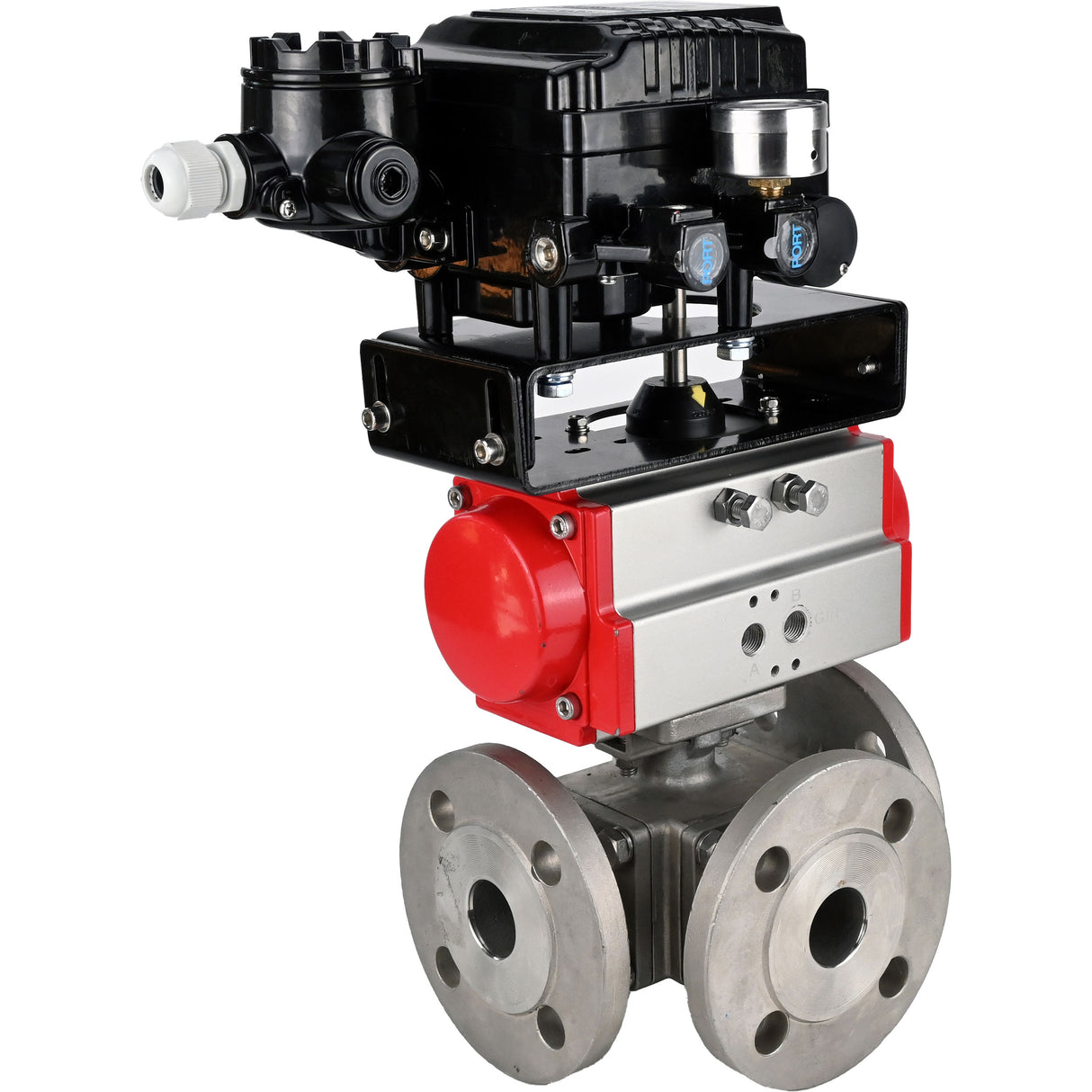 Ball valves Elephant BV3232P(4pc)-FP-3WL-F-ISO-H 16 bar full bore, flanged, body - stainless steel SS316, ISO flange F03/F04-F10/F12, square 9x9-19x19, with PA-SA pneumatic actuator with return springs and pneumatic positioner YT-1000RSN with reverse cont