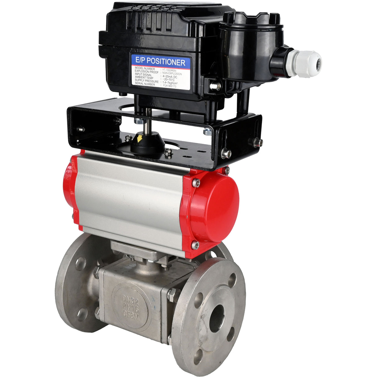Ball valves Elephant BV3232P(4pc)-FP-3WL-F-ISO-H 16 bar full bore, flanged, body - stainless steel SS316, ISO flange F03/F04-F10/F12, square 9x9-19x19, with PA-SA pneumatic actuator with return springs and pneumatic positioner YT-1000RSN with reverse cont