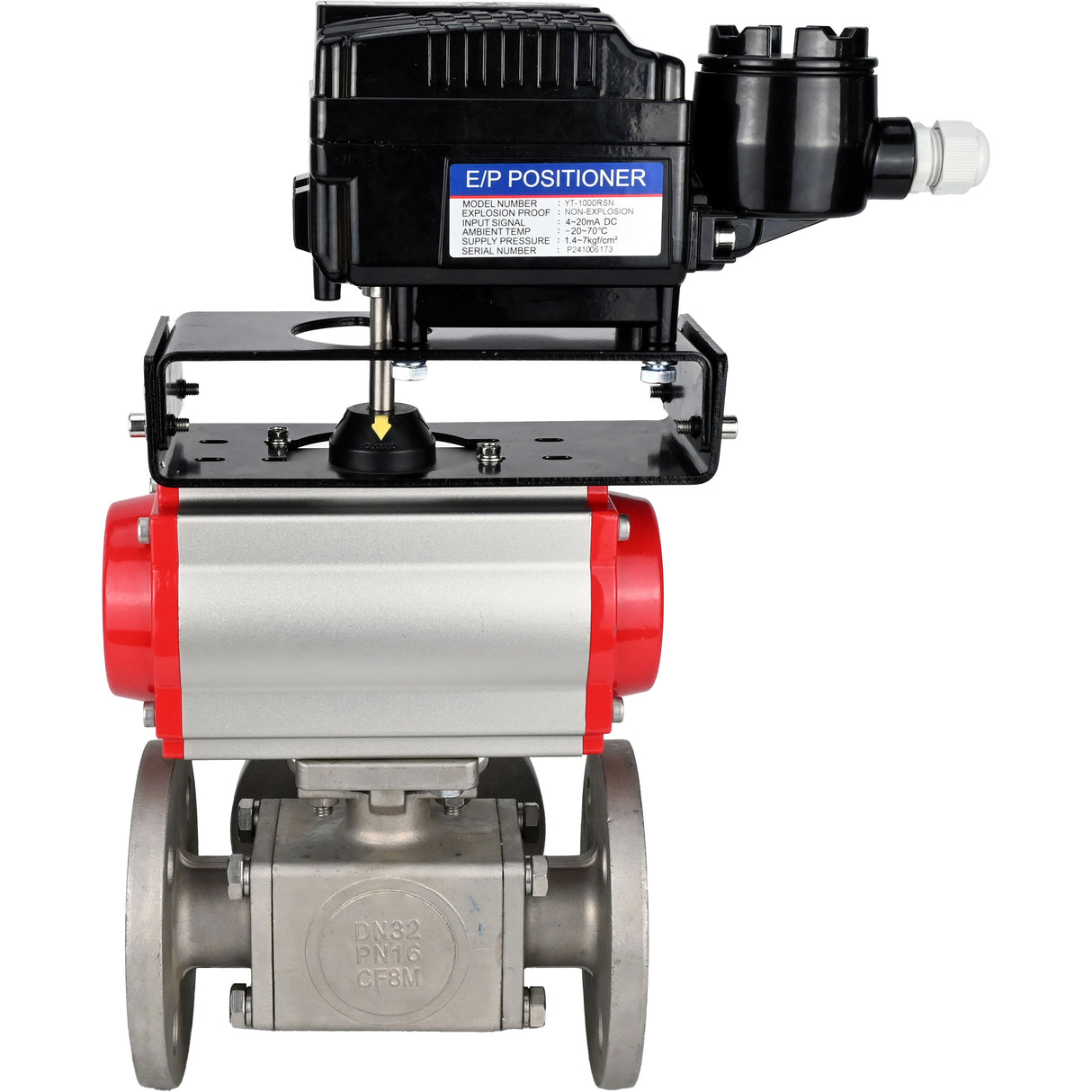 Ball valves Elephant BV3232P(4pc)-FP-3WL-F-ISO-H 16 bar full bore, flanged, body - stainless steel SS316, ISO flange F03/F04-F10/F12, square 9x9-19x19, with PA-SA pneumatic actuator with return springs and pneumatic positioner YT-1000RSN with reverse cont