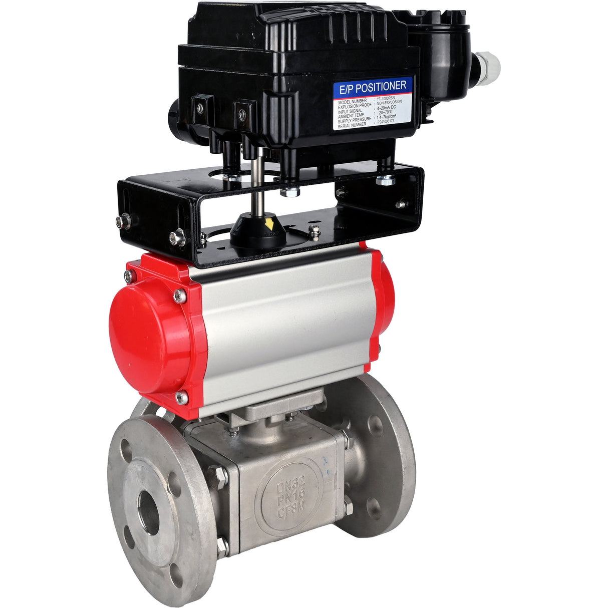 Ball valves Elephant BV3232P(4pc)-FP-3WL-F-ISO-H 16 bar full bore, flanged, body - stainless steel SS316, ISO flange F03/F04-F10/F12, square 9x9-19x19, with PA-SA pneumatic actuator with return springs and pneumatic positioner YT-1000RSN with reverse cont