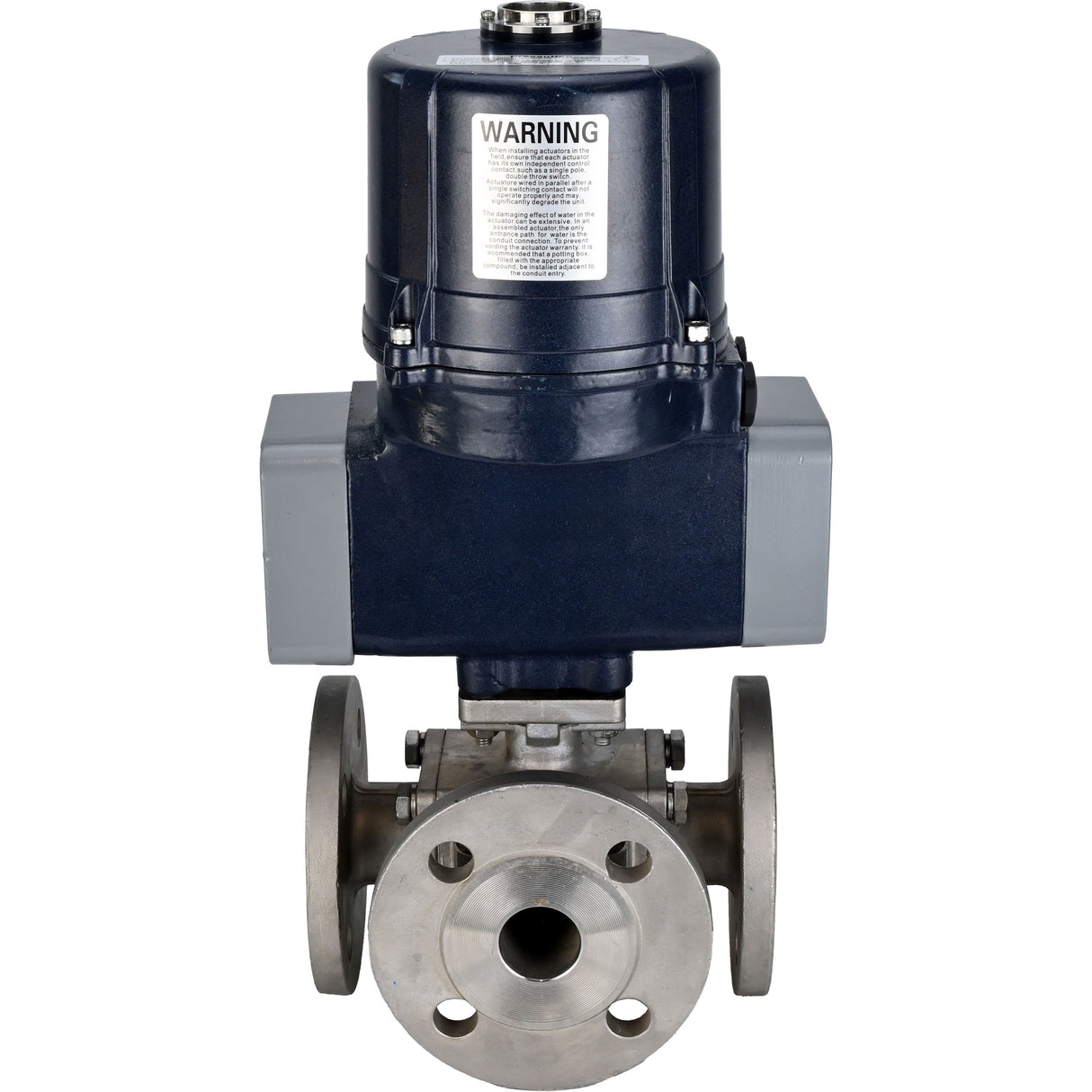 Kugelhähne Elephant BV3232P(4pc)-FP-3WL-F-ISO-H Vollbohrung, Dreiwege, Flansch, Gehäuse - SS316 Edelstahl, Dichtung - PTFE, mit elektrischem Vierteldrehantrieb Elephant QTSA-N-EM-O0-220VAC