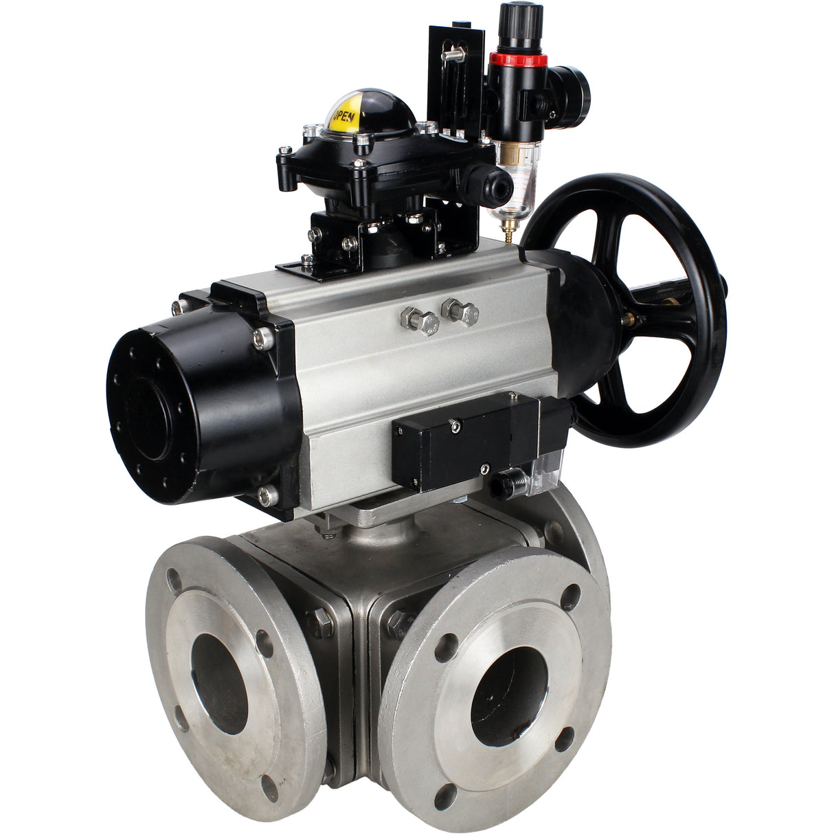 Ball valves Elephant BV3232P(4pc)-FP-3WL-F-ISO-H DN100 16 bar full bore, flanged, body - stainless steel SS316, ISO flange F10/F12, square 19x19, with pneumatic actuator PA-DA-105-1, pneumatic distributor 4M310-08 24V, LSU APL-210N and ATU AFC2000